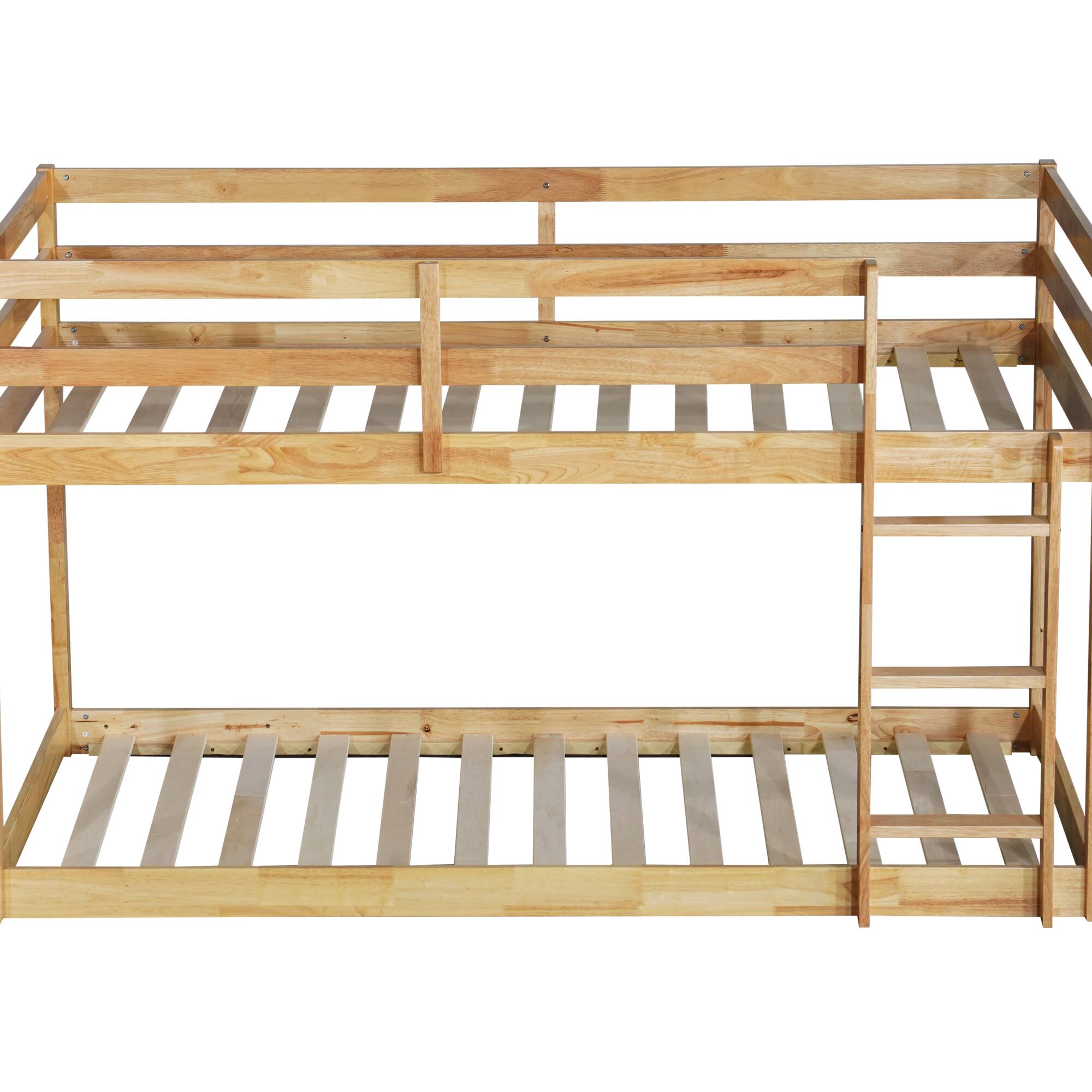 Angle. GOODSILO - Solid Wood Twin Over Twin Floor Bunk Bed with Ladder and Strengthened Slats for Enhanced Stability - Natural.