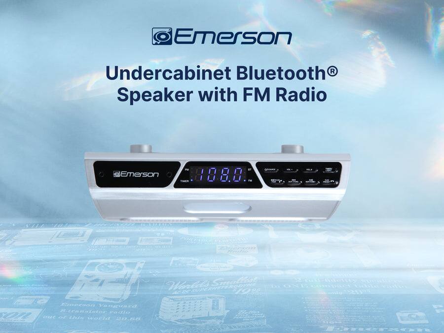 Emerson Undercabinet Bluetooth® Speaker with FM Radio

Emerson Vanguard S-transistor radio out of this world 29.88

World's Smallest SUPERHETERODYNE

108.0

BT FM TIMER

Emerson