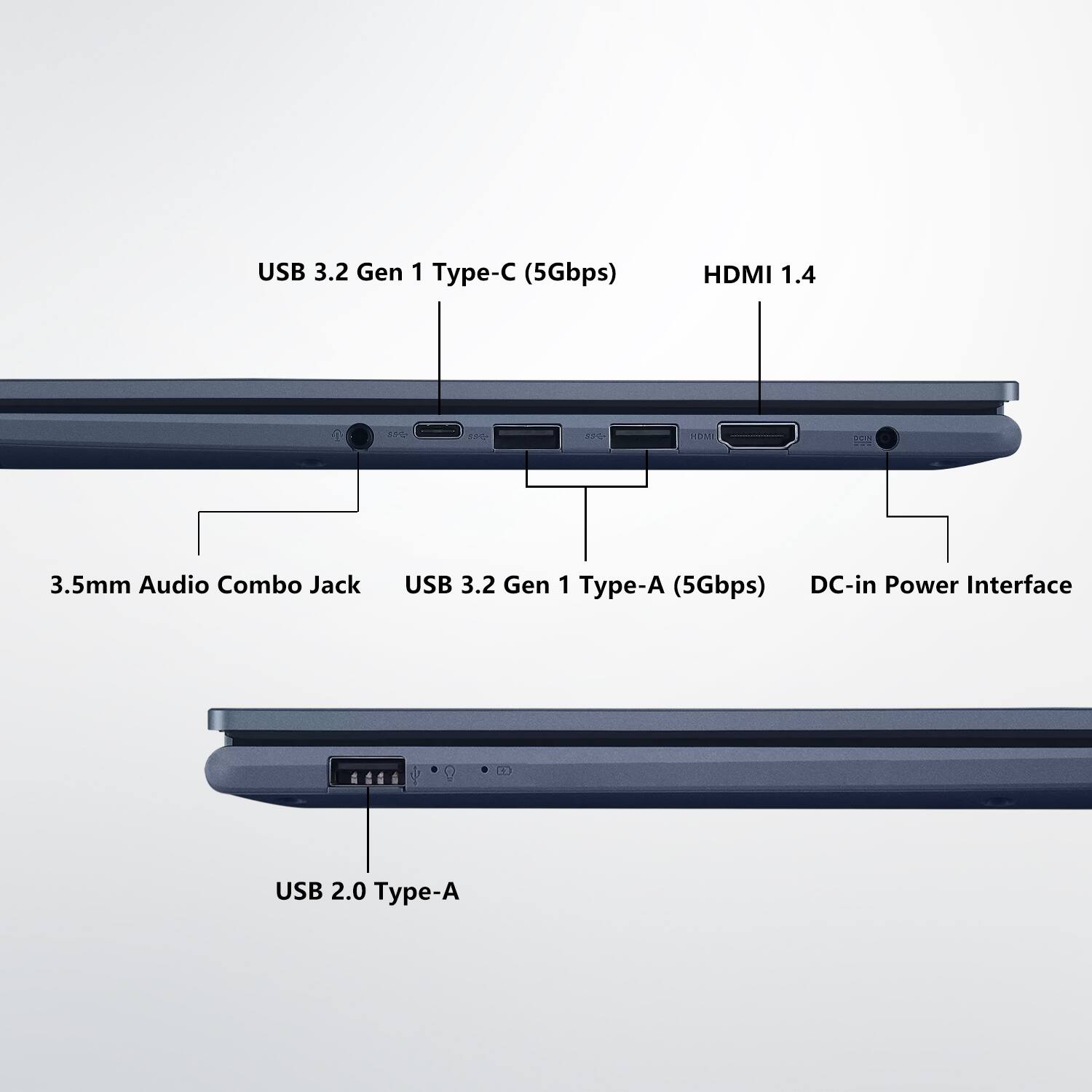 USB 3.2 Gen 1 Type-C (5Gbps) HDMI 1.4 3.5mm Audio Combo Jack USB 3.2 Gen 1 Type-A (5Gbps) DC-in Power Interface USB 2.0 Type-A