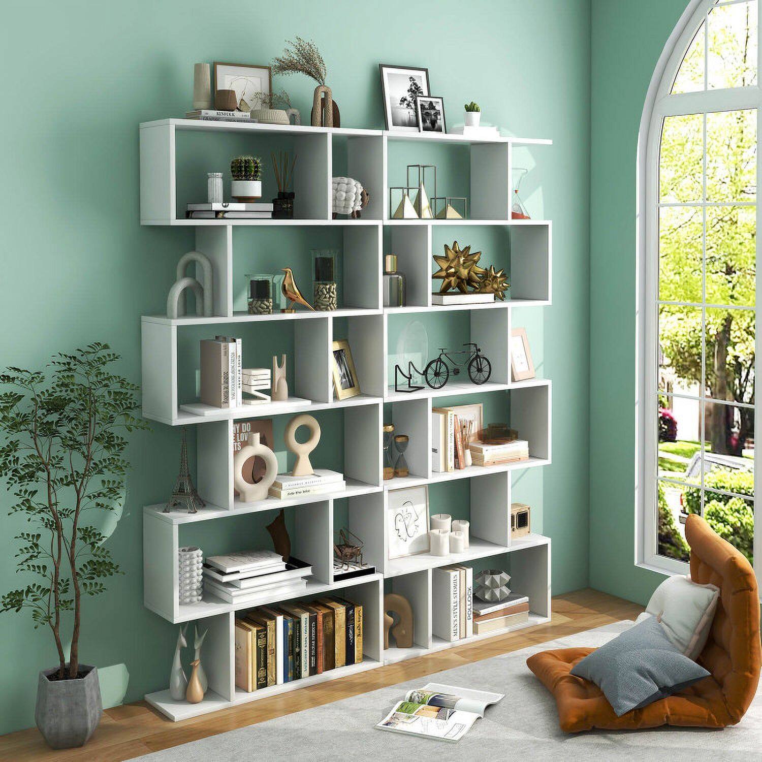 Angle. Pefilos - 6 Tier S-Shaped Bookshelf Storage Display Bookcase Decor Z-Shelf -White, Tall Bookshelf, Shelves for Living Room - White.