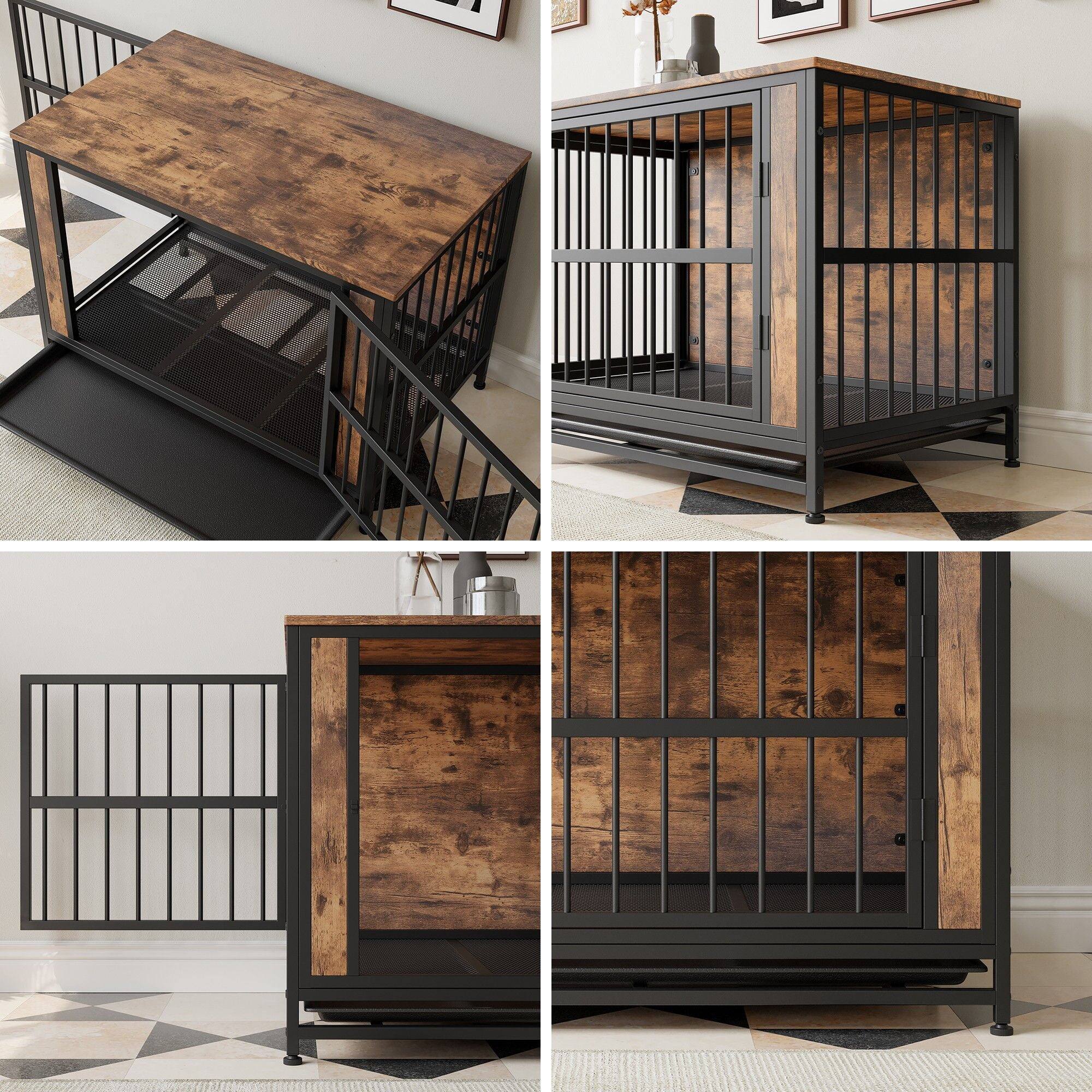 Alt View 3. Pefilos - 38" Dog Crate Furniture, Wooden Dog Kennel with 2 Sliding Doors and Thick Iron Door Frame, Dog Cage for Small Dogs.