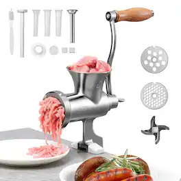 VEVOR - Manual Meat Grinder, 304 Stainless Steel Hand Crank Meat Mincer with Table Clamp,with 2 Cutting Plates & 4 Sausage Tubes - Silver
