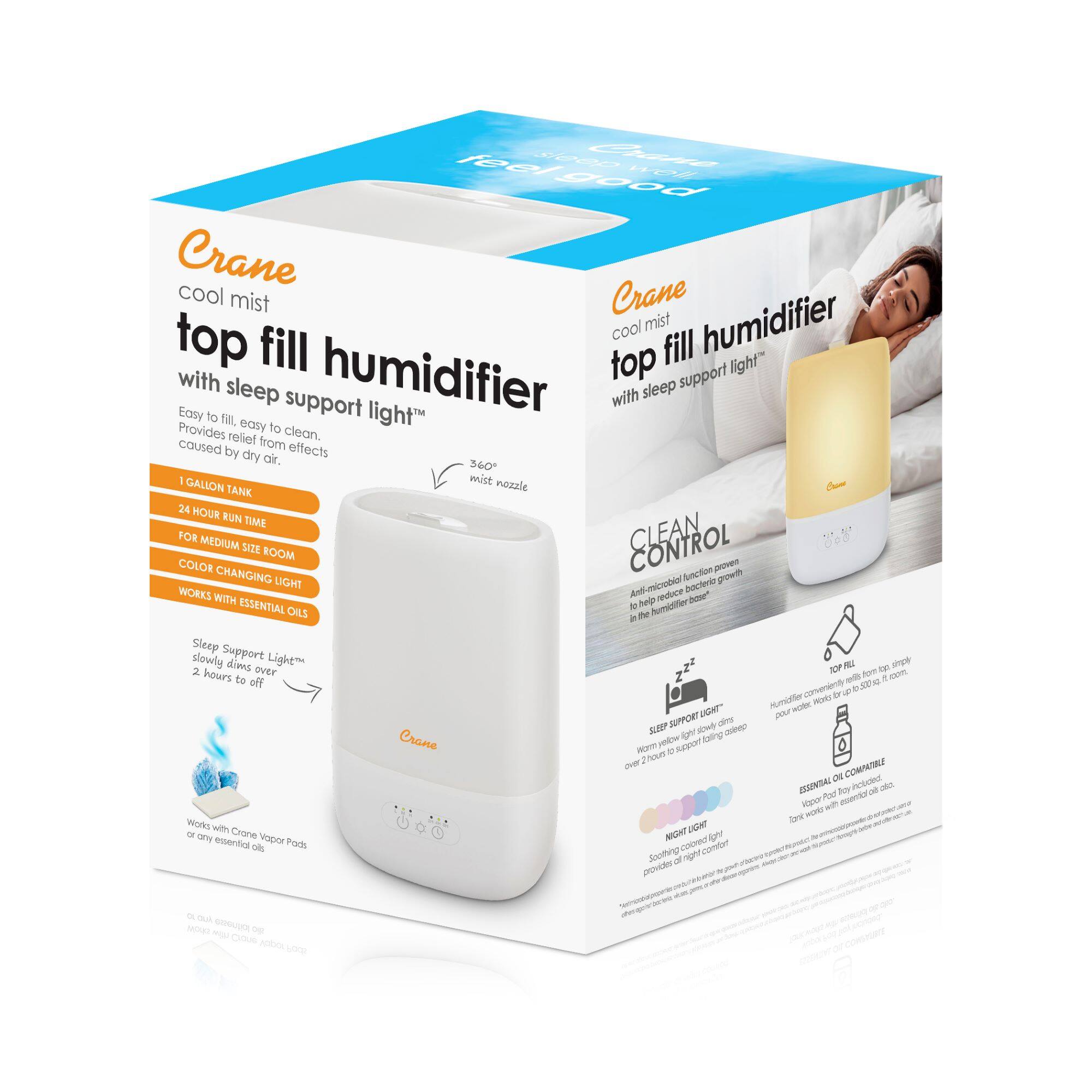 Alt View 13. CRANE - Top Fill Cool Mist Humidifier - 1 Gallon with Sleep Support Light & Essential Oil Tray - White.