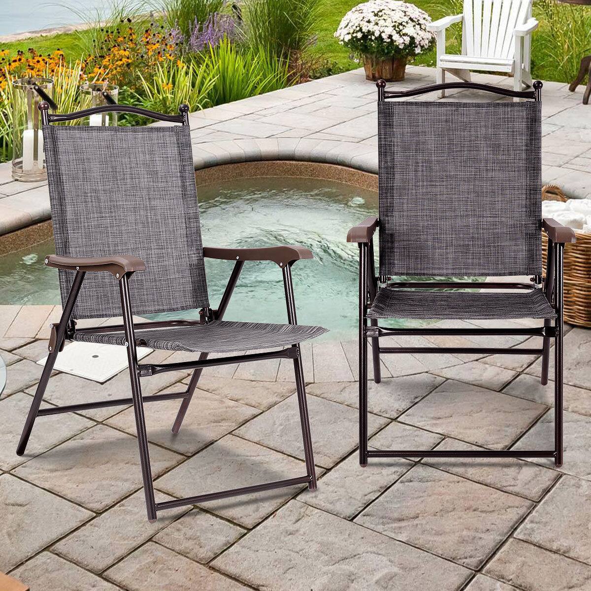 Gymax - Set of 2 Folding Patio Furniture Sling Back Chairs Outdoors - Gray