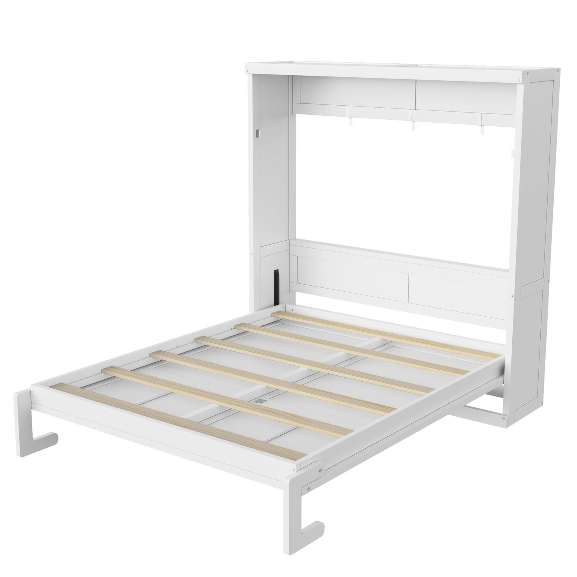Back. Whisen - Full Size Murphy Bed with Cabinet, Wood & MDF Foldable Guest Bed, Space-Saving Furniture - White.