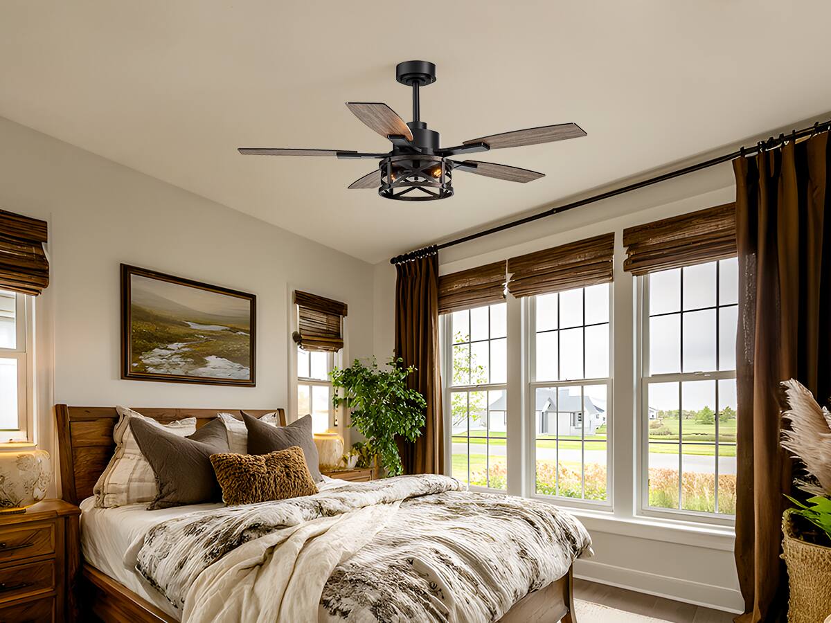 Back. Siljoy - 52 Inch Black Ceiling Fan with Lights and Remote Farmhouse Cage Ceiling Fan Fits Patio Bedroom Living Room - Gold and Black.