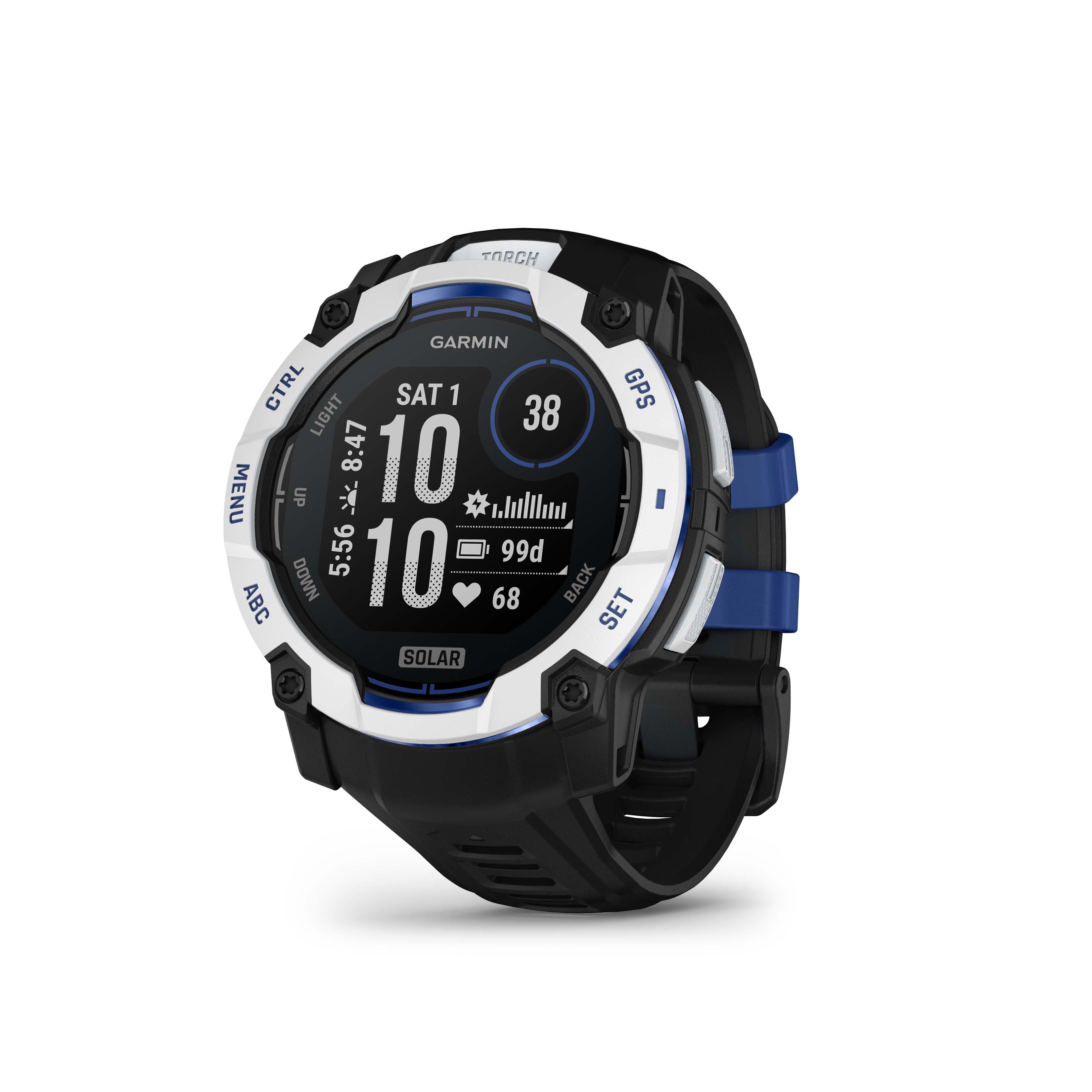 Garmin - Instinct 3 Solar GPS Smartwatch 50 mm Fiber-reinforced Polymer - Whitestone with black/bolt blue silicone band - (2025) - Front_Zoom