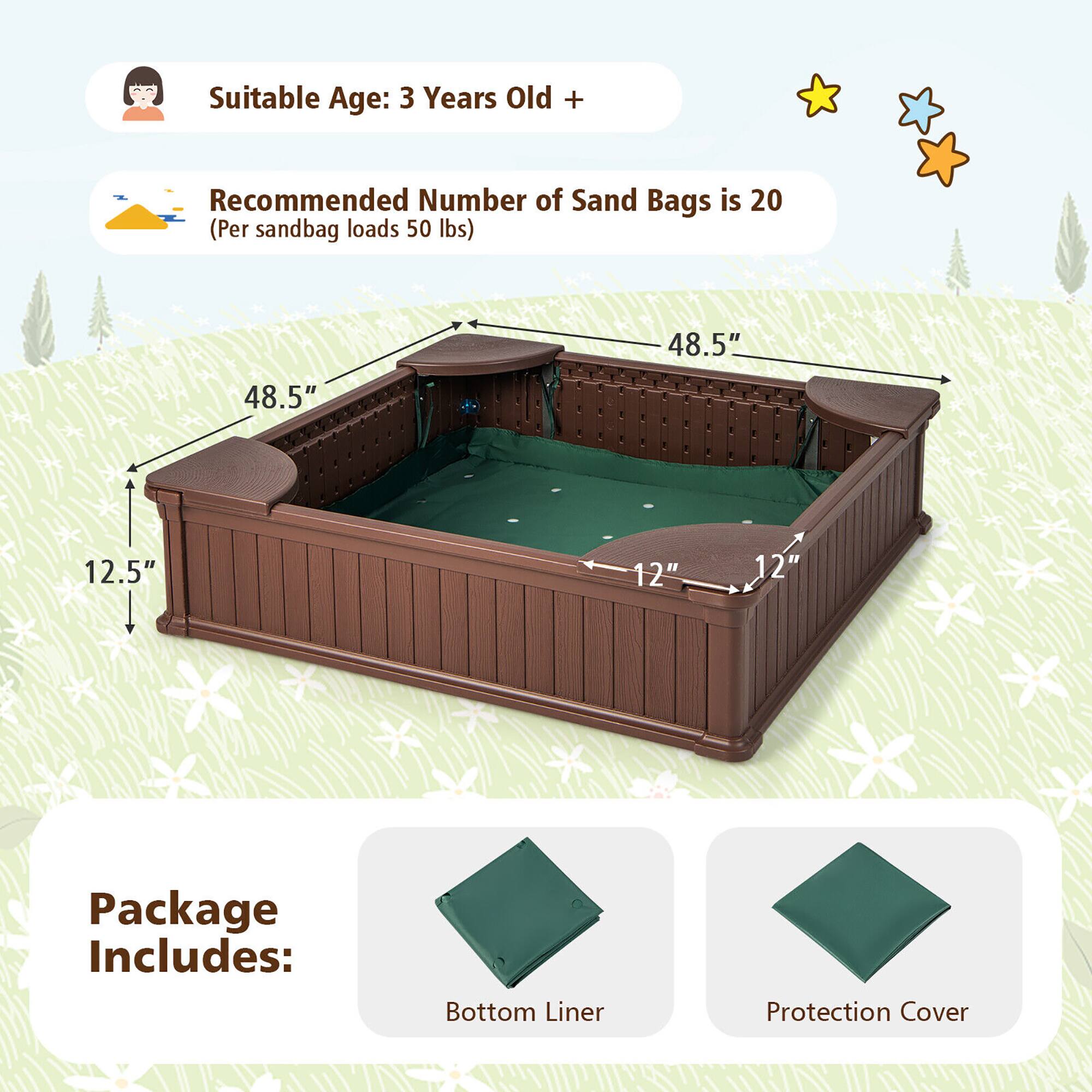Suitable Age: 3 Years Old +  
Recommended Number of Sand Bags is 20 (Per sandbag loads 50 lbs)  

48.5" x 48.5" x 12.5" x 12" x 12"  

Package Includes:  
- Bottom Liner  
- Protection Cover
