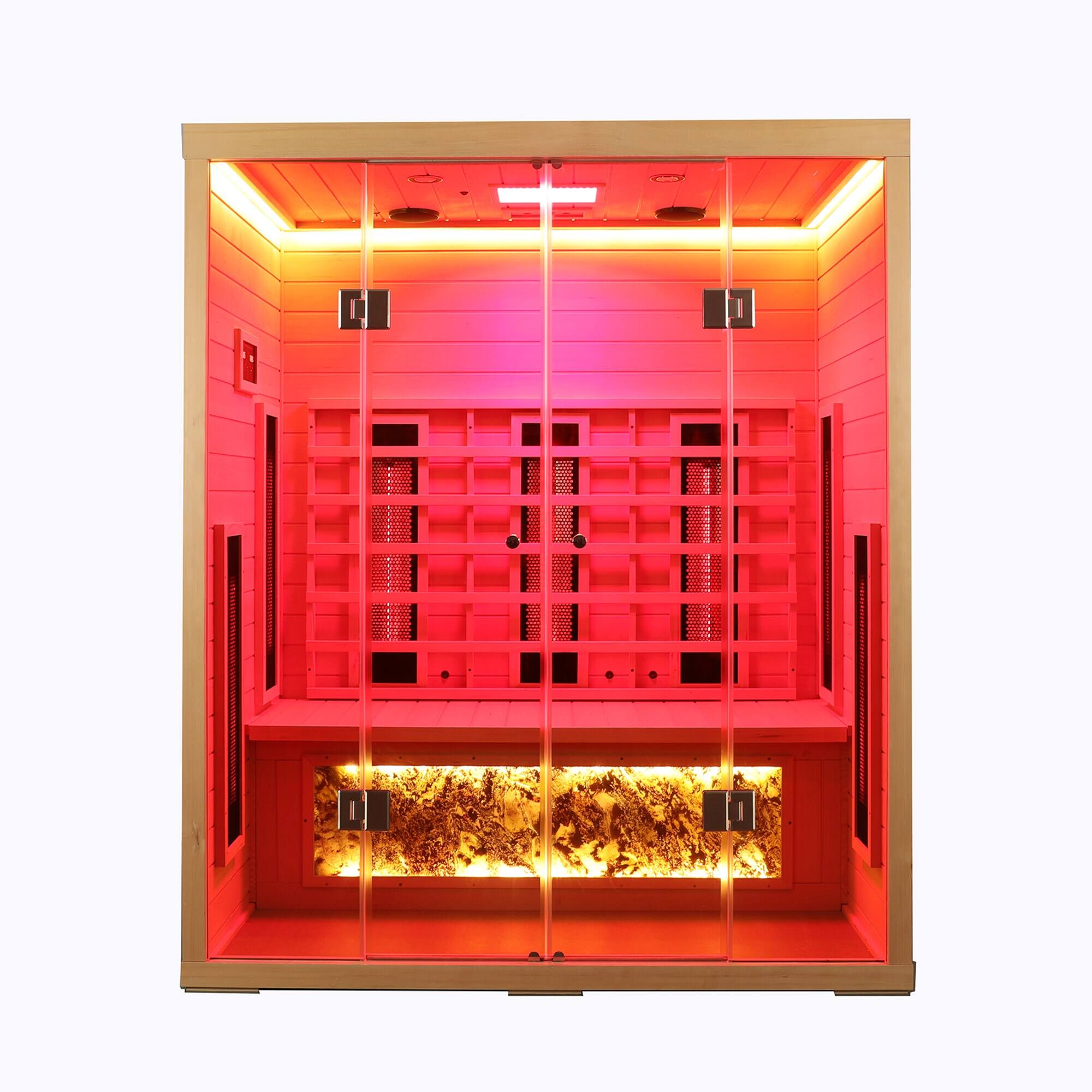 Front. RYHNUYNE - 3 Person Hemlock Wood Far Infrared Sauna, Dry Heat, Low EMF Heaters, Digital Control Panel, Home Spa - Natural.