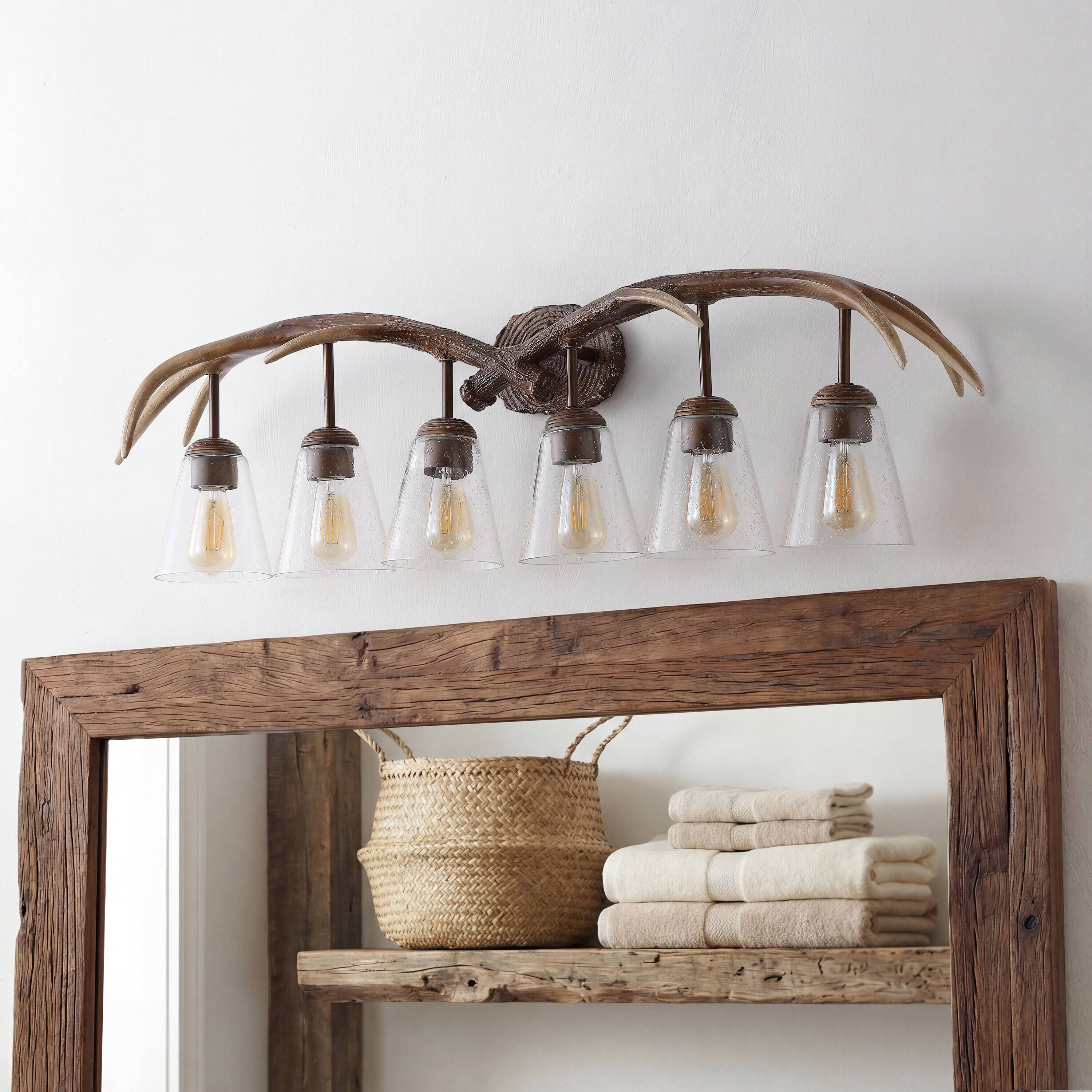 Alt View 5. Jonathan Y - Wyatt 45" 6-Light Southwestern Bohemian Resin/Seeded Glass Faux Antler LED Vanity Light, Brown Wood Finish - Brown Wood Finish.