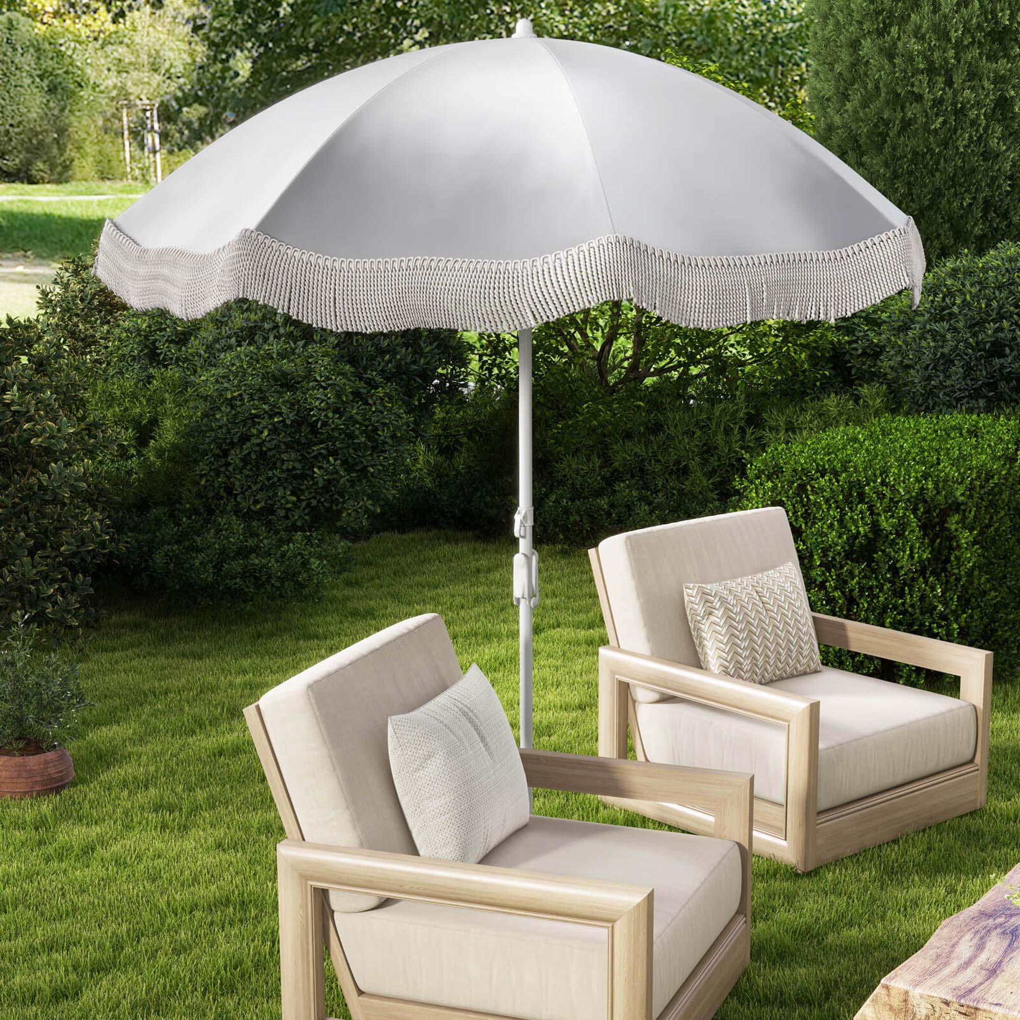Alt View 1. Costway - 6.5 FT Outdoor Fringe Patio Umbrella with Carrying Bag Push Button Tilt for Garden - White.