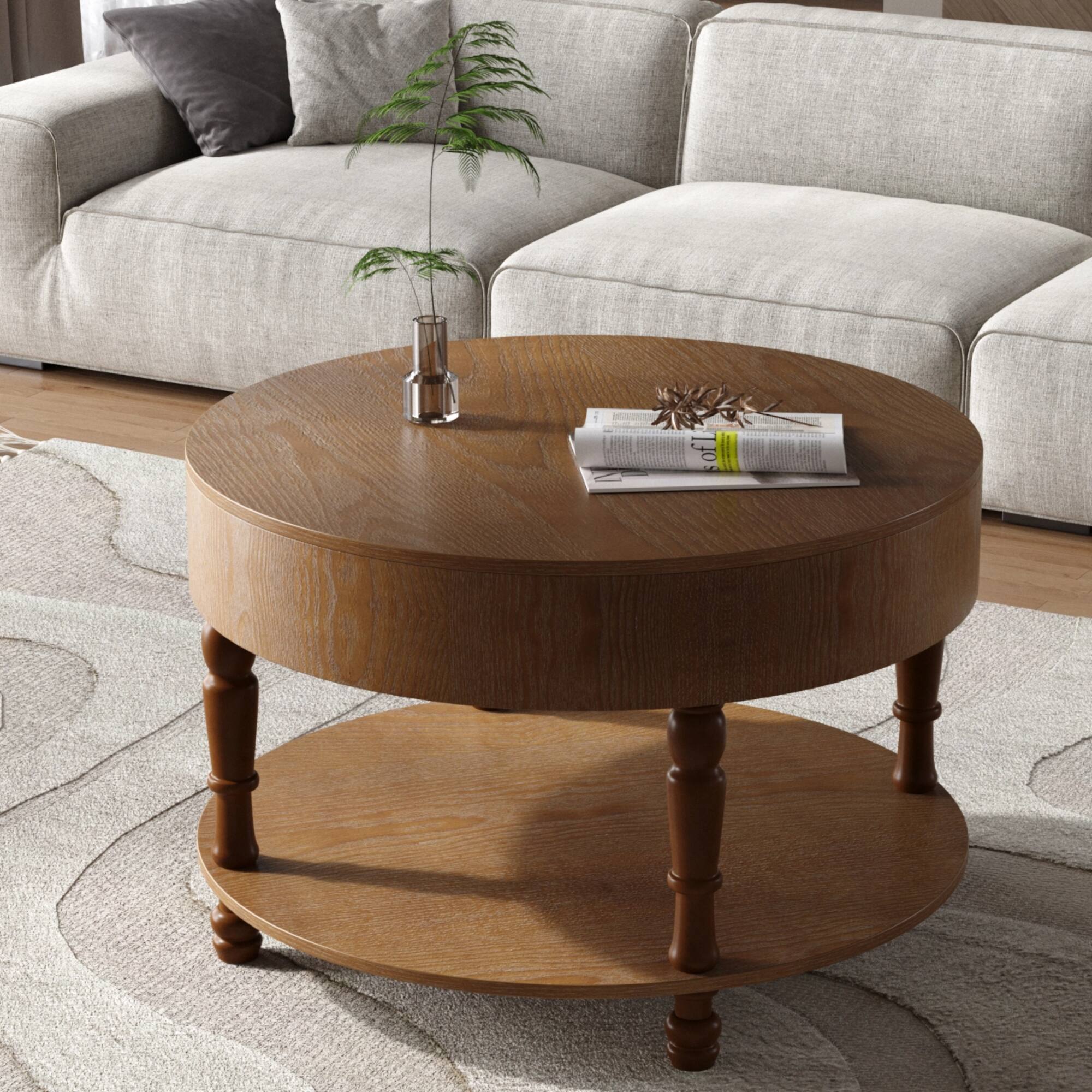 Front. Lirago - 32" Modern Round Coffee Table Walnut with Dual Storage Hidden Compartment Adjustable Leveling Feet - Brown.