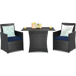 Hivvago - 3-Piece Patio Furniture Outdoor Dining Set Brown PE Rattan Navy Blue Cushions - Navy Blue, Brown