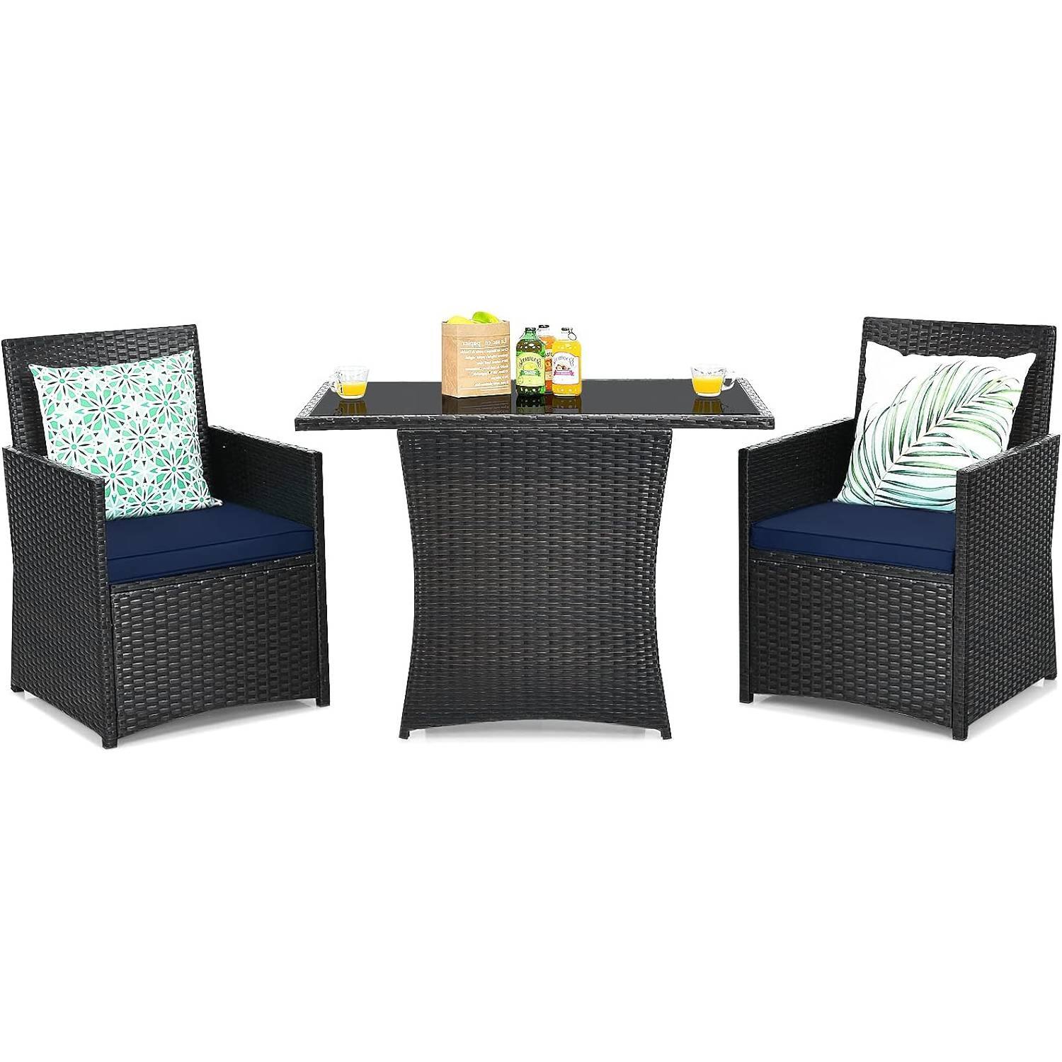 Front. Hivvago - 3-Piece Patio Furniture Outdoor Dining Set Brown PE Rattan Navy Blue Cushions - Navy Blue, Brown.