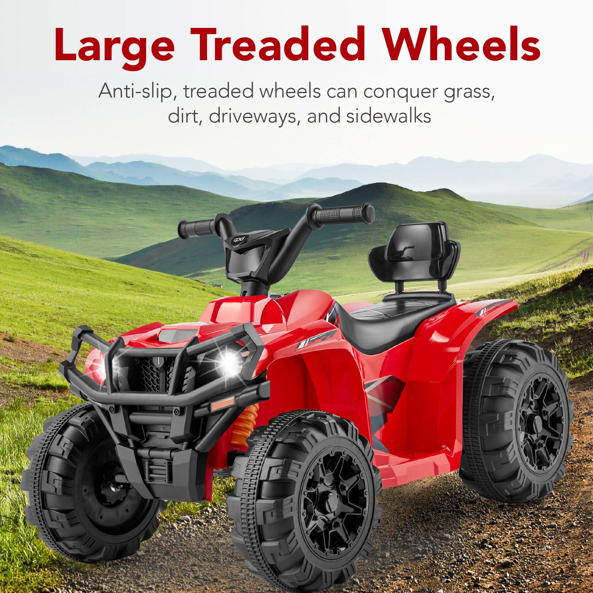 Large Treaded Wheels

Anti-slip, treaded wheels can conquer grass, dirt, driveways, and sidewalks.