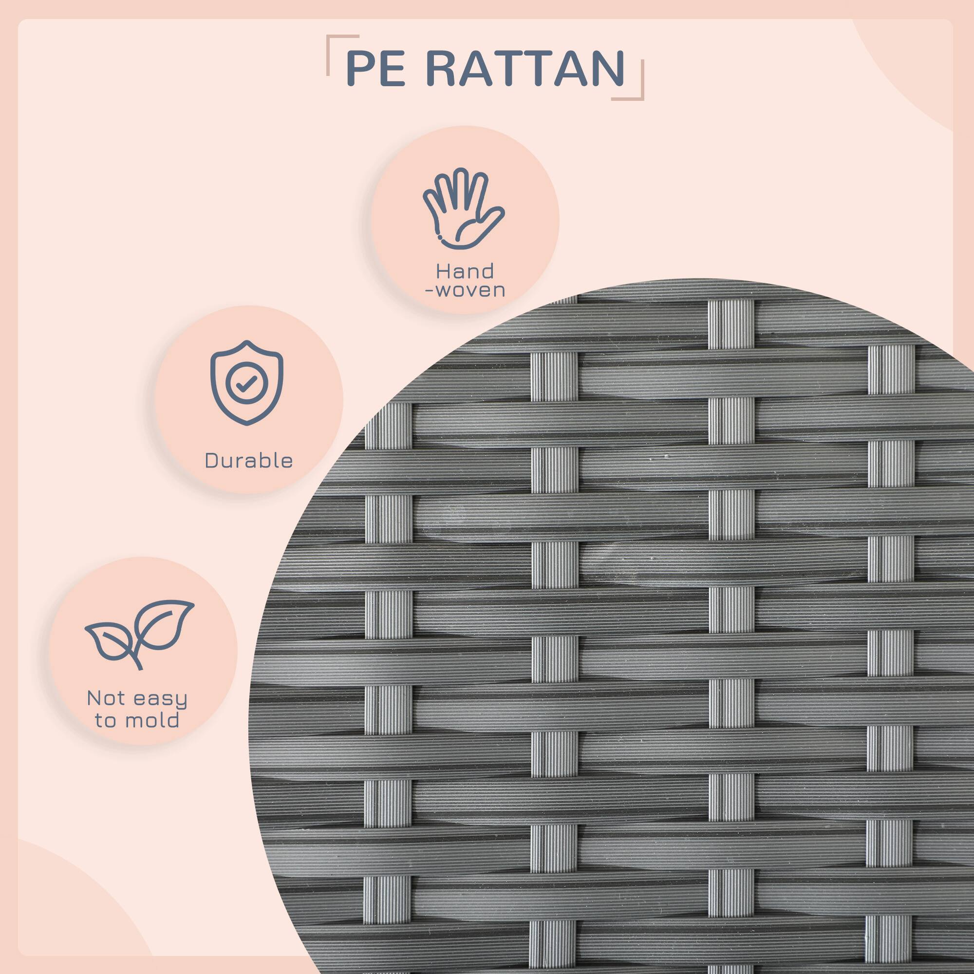 PE RATTAN

- Hand-woven
- Durable
- Not easy to mold