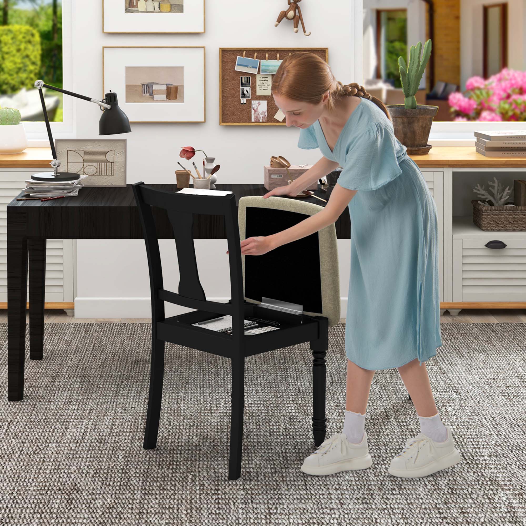 Alt View 3. Costway - Costway 2 PCS Wood Chair Antique Upholstered Chair with Storage Space - Black+Beige.