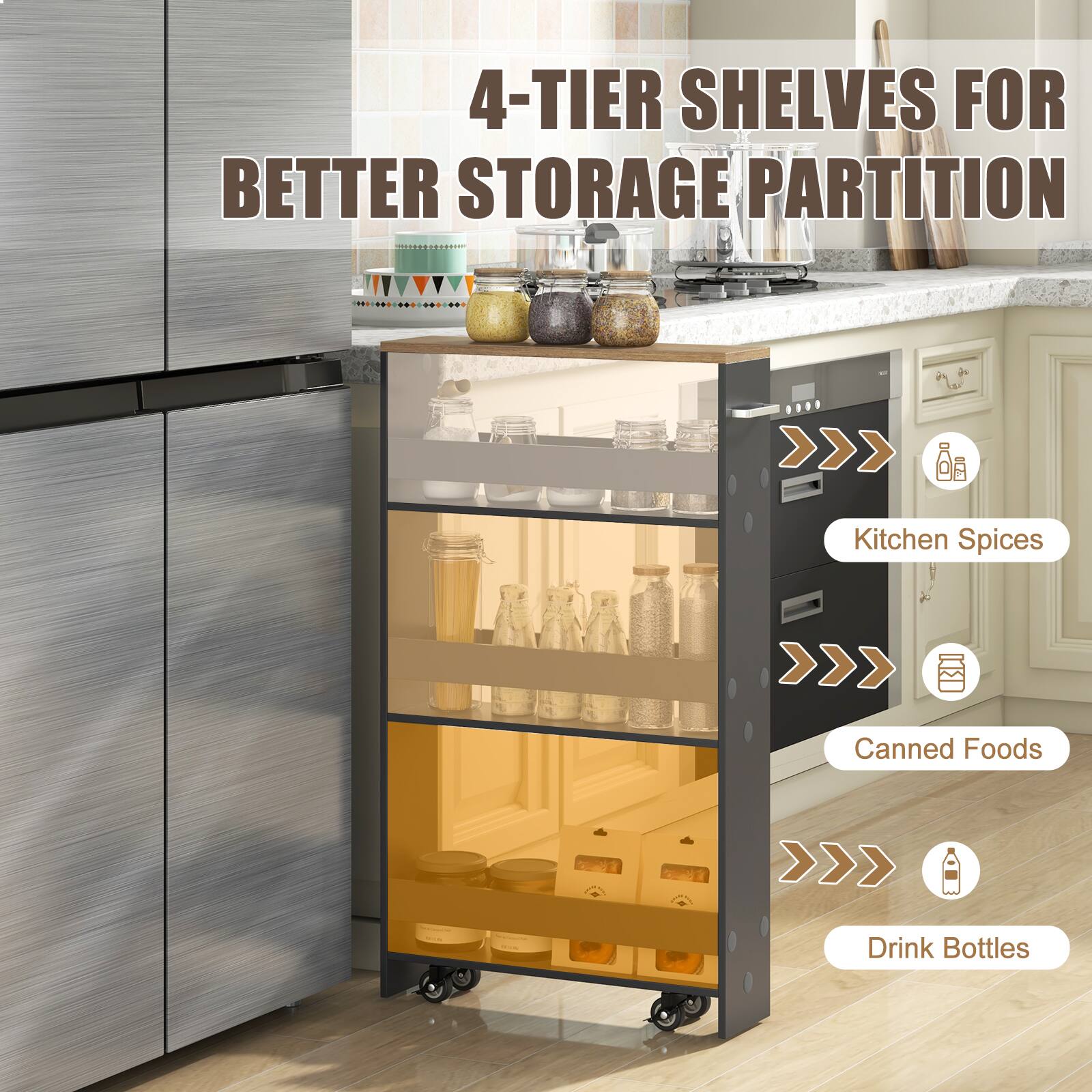 4-TIER SHELVES FOR BETTER STORAGE PARTITION >>> Kitchen Spices >>> Canned Foods >>> Drink Bottles