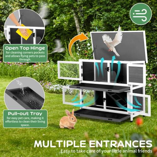 Open Top Hinge for cleaning corners pockets and allows flying pets to pass through.  
Pull-out Tray for easy pet care, making it effortless to clean their living space.  
MULTIPLE ENTRANCES  
Easy to take care of your little animal friends