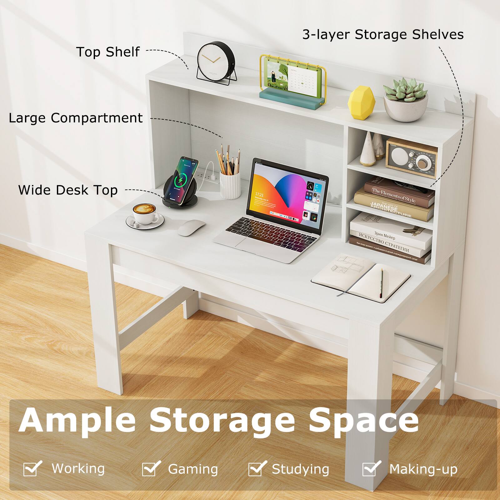 Top Shelf 3-layer Storage Shelves Large Compartment Wide Desk Top - Ample Storage Space Working Gaming Studying Making-up