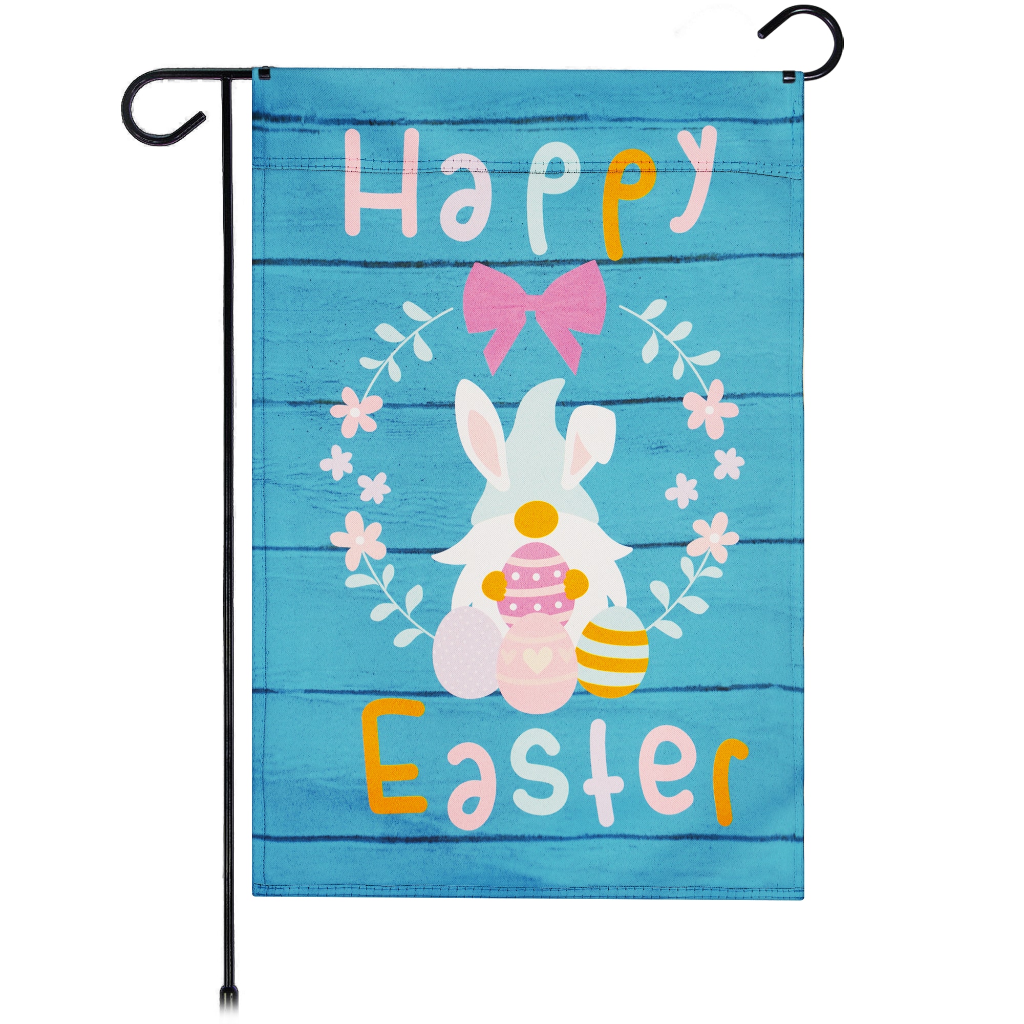 G128 - Garden Flag Happy Easter Rabbit Gnome with Eggs 12 x 18 in Blockout Fabric - Assorted Colors