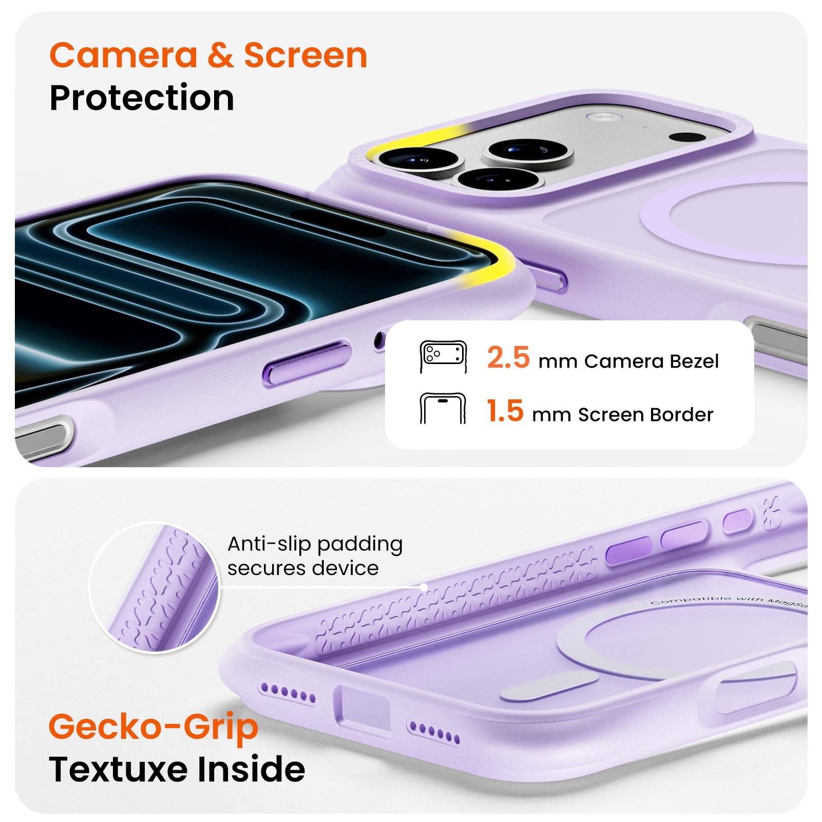 Camera & Screen Protection  
2.5 mm Camera Bezel  
1.5 mm Screen Border  
Anti-slip padding secures device  
Gecko-Grip Textuxe Inside