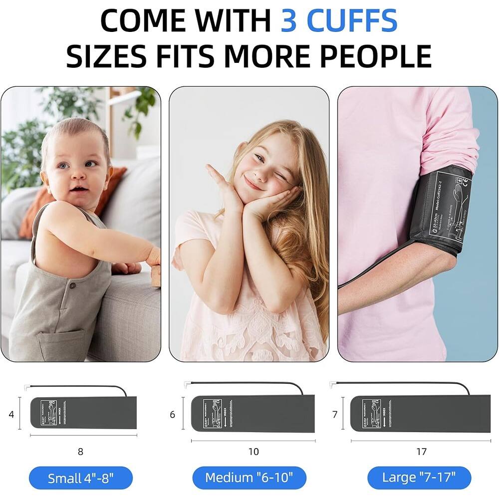 COME WITH 3 CUFFS  
SIZES FITS MORE PEOPLE  

Small "4"-8"  
Medium "6-10"  
Large "7-17"