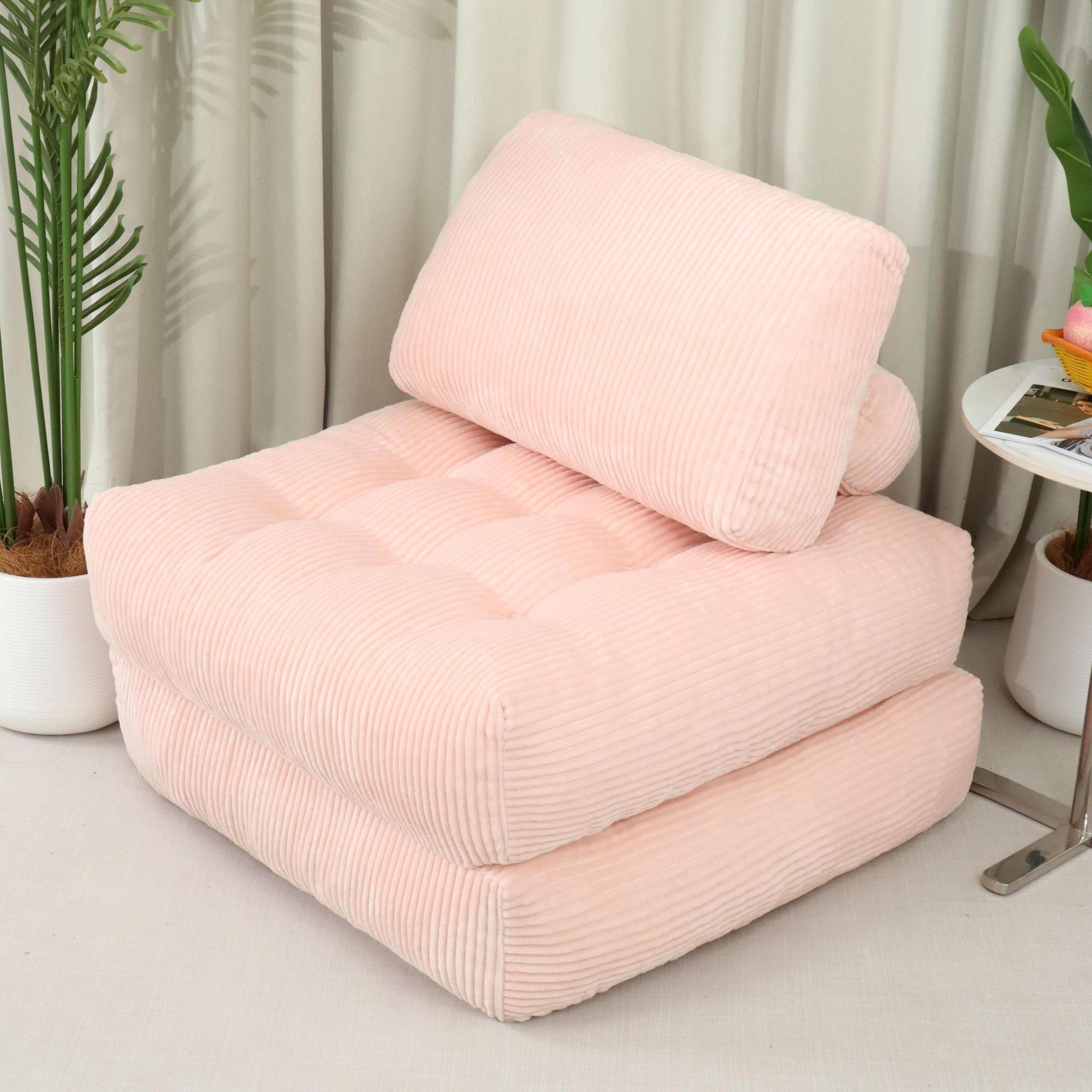 Back. GOODSILO - Corduroy Fabric Beanbag Couch for Living Room, Bedroom and Dorm, Cozy Fluffy Cloud Mini Couch - Pink.