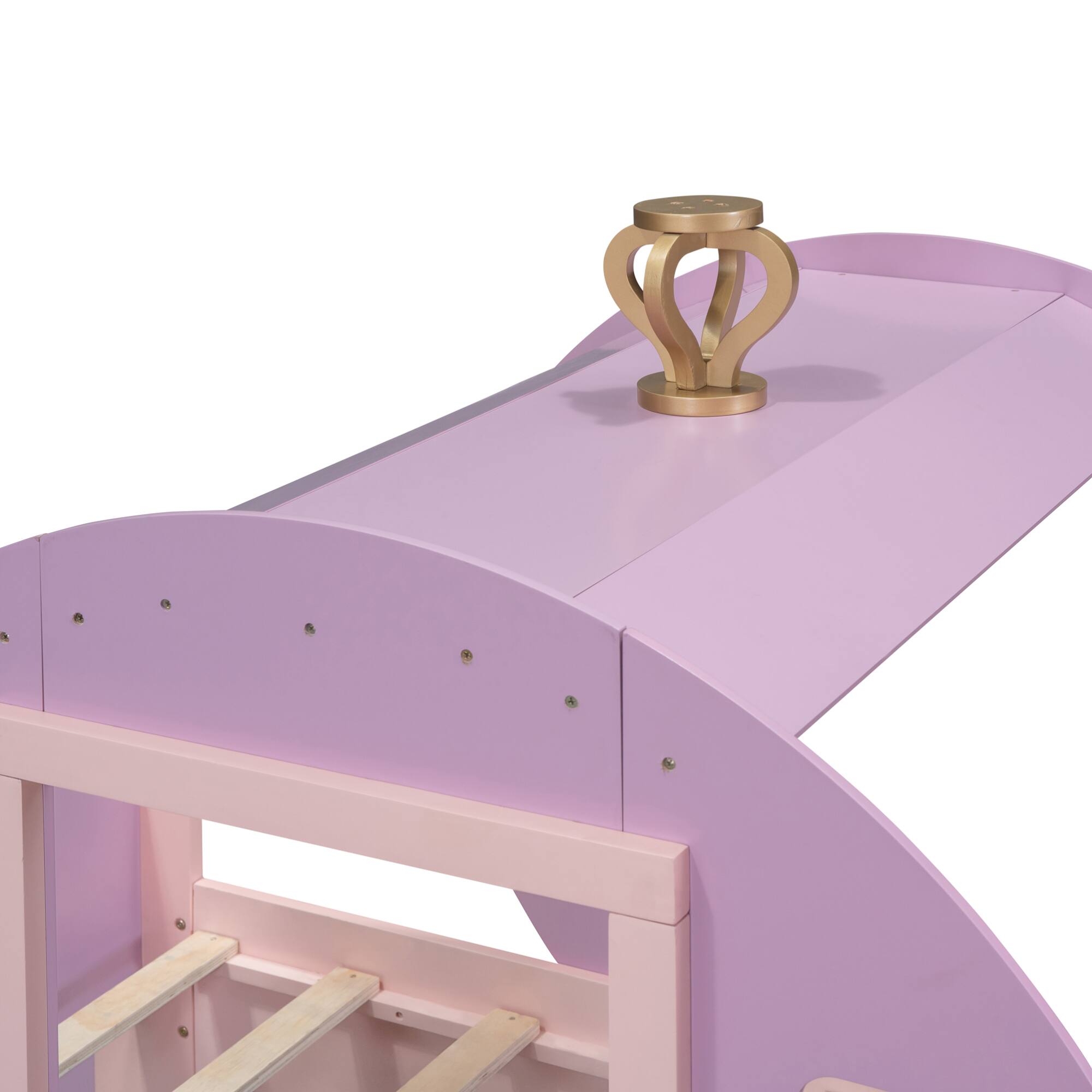 Alt View 5. GOODSILO - Twin Size Princess Carriage Bed with Crown and Wood Platform Design Including Staircase - Pink.