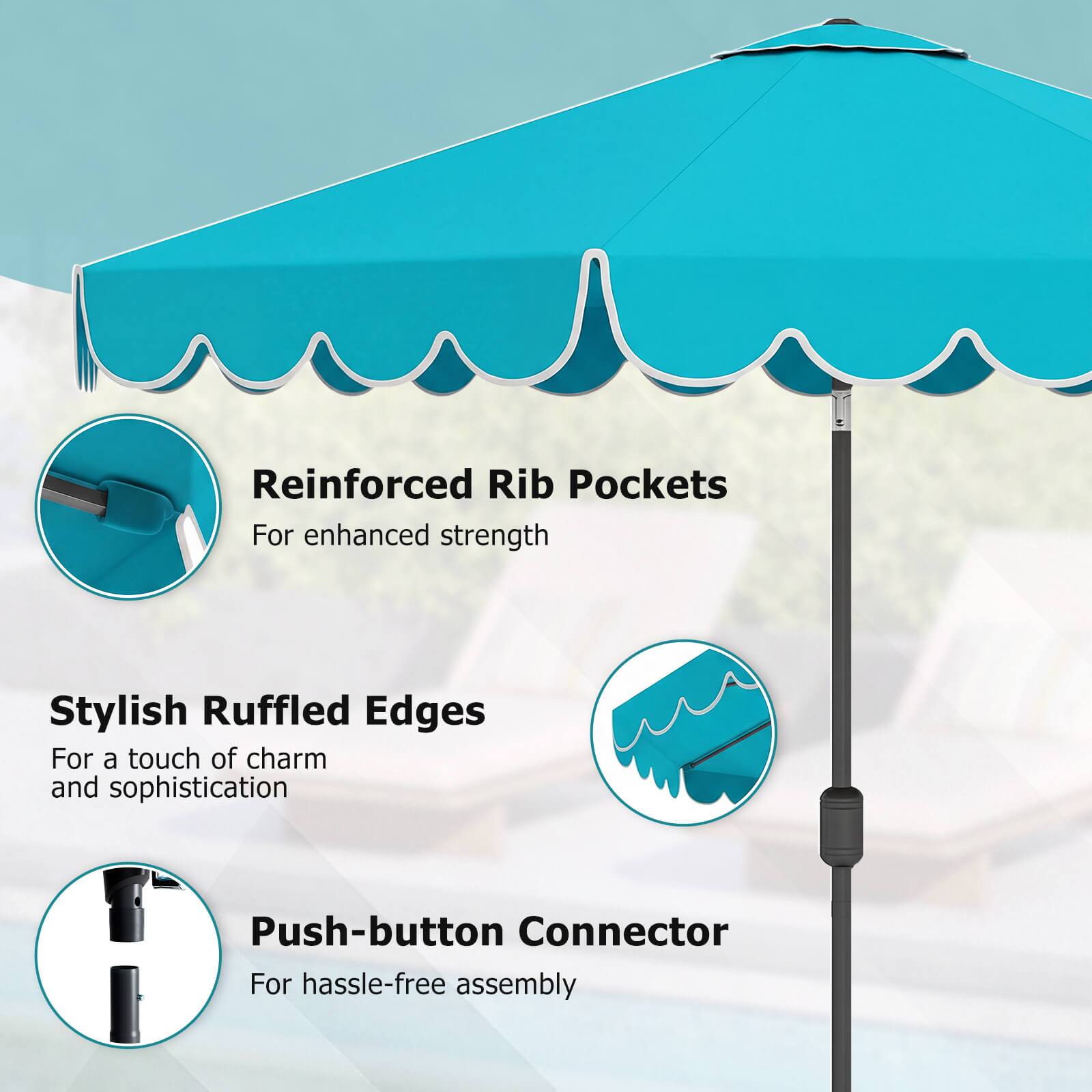 Reinforced Rib Pockets  
For enhanced strength  

Stylish Ruffled Edges  
For a touch of charm and sophistication  

Push-button Connector  
For hassle-free assembly