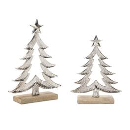 BreeBe - Metal Christmas Tree with Wood Base (Set of 2) - Gray, Beige