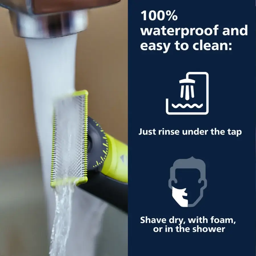 "100% Waterproof and Easy to Clean: Just Rinse Under the Tap. Shave Dry, with Foam, or in the Shower."