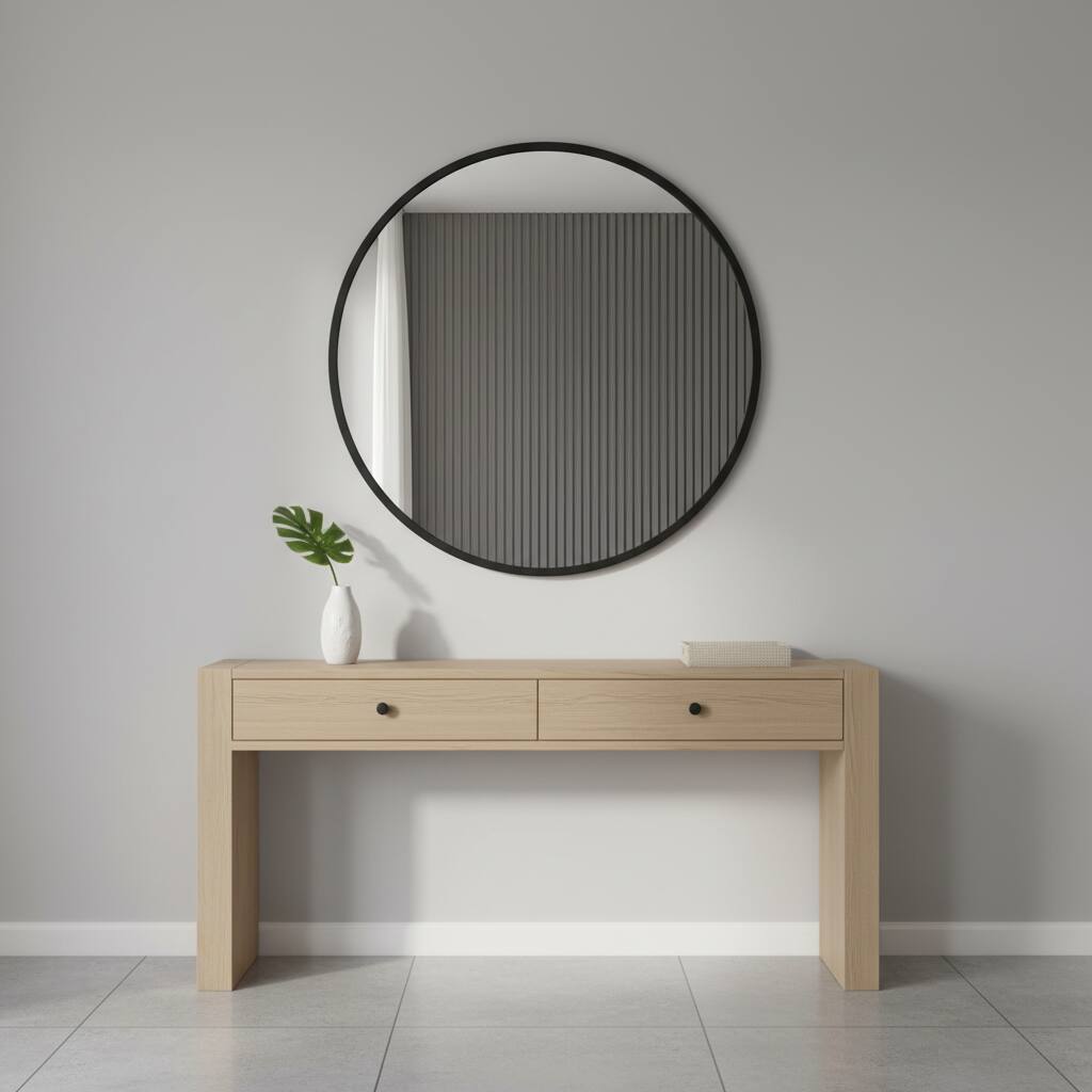 Left. AOITUN - Black Round Wall Mirror 30 Inch for Modern Bathrooms - Perfect Circle Mirror for Daily Use and Style Enhancement.