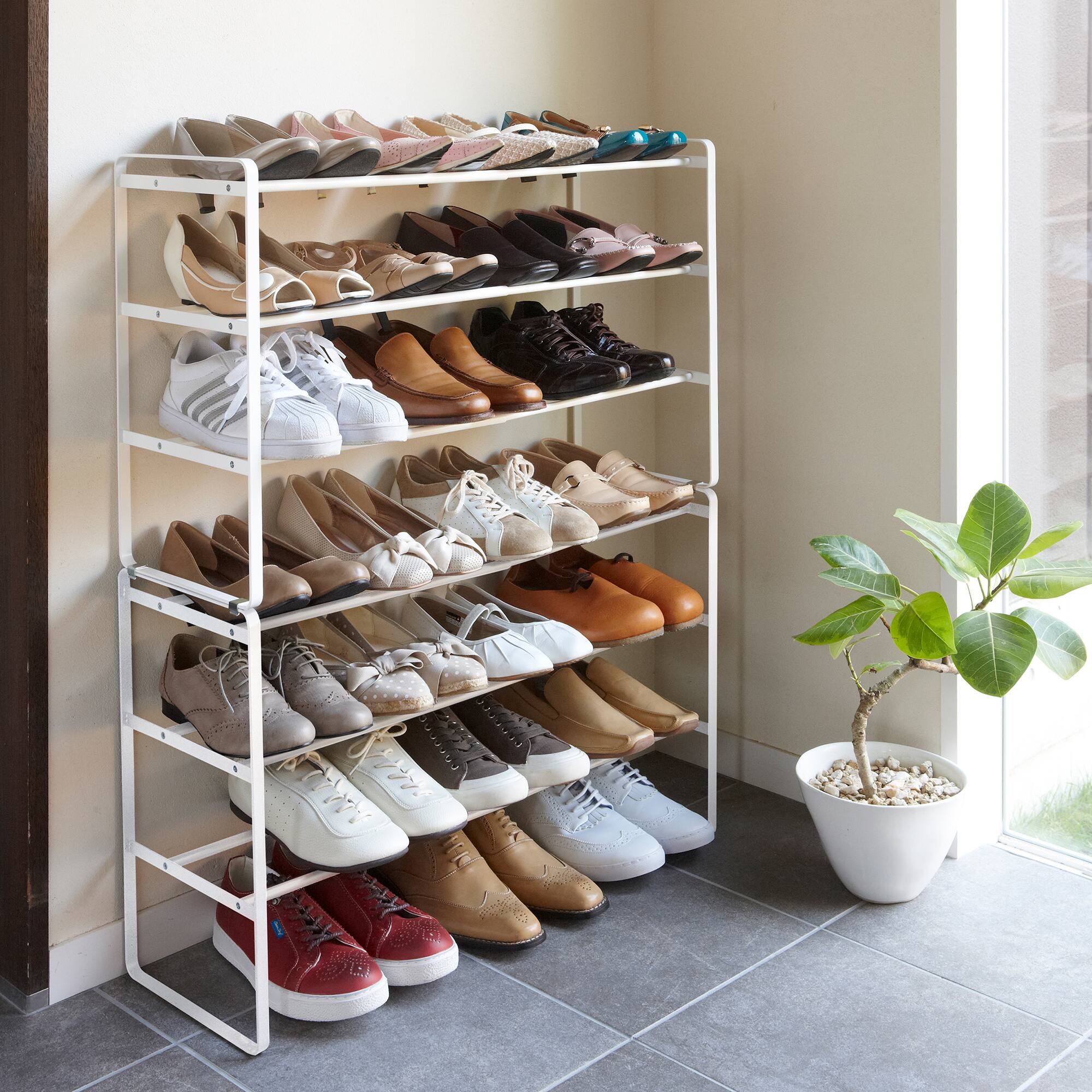 Angle. Yamazaki Home - Three-Tier Expandable Shoe Rack (18" H)  - Steel - Shoe Rack - White.