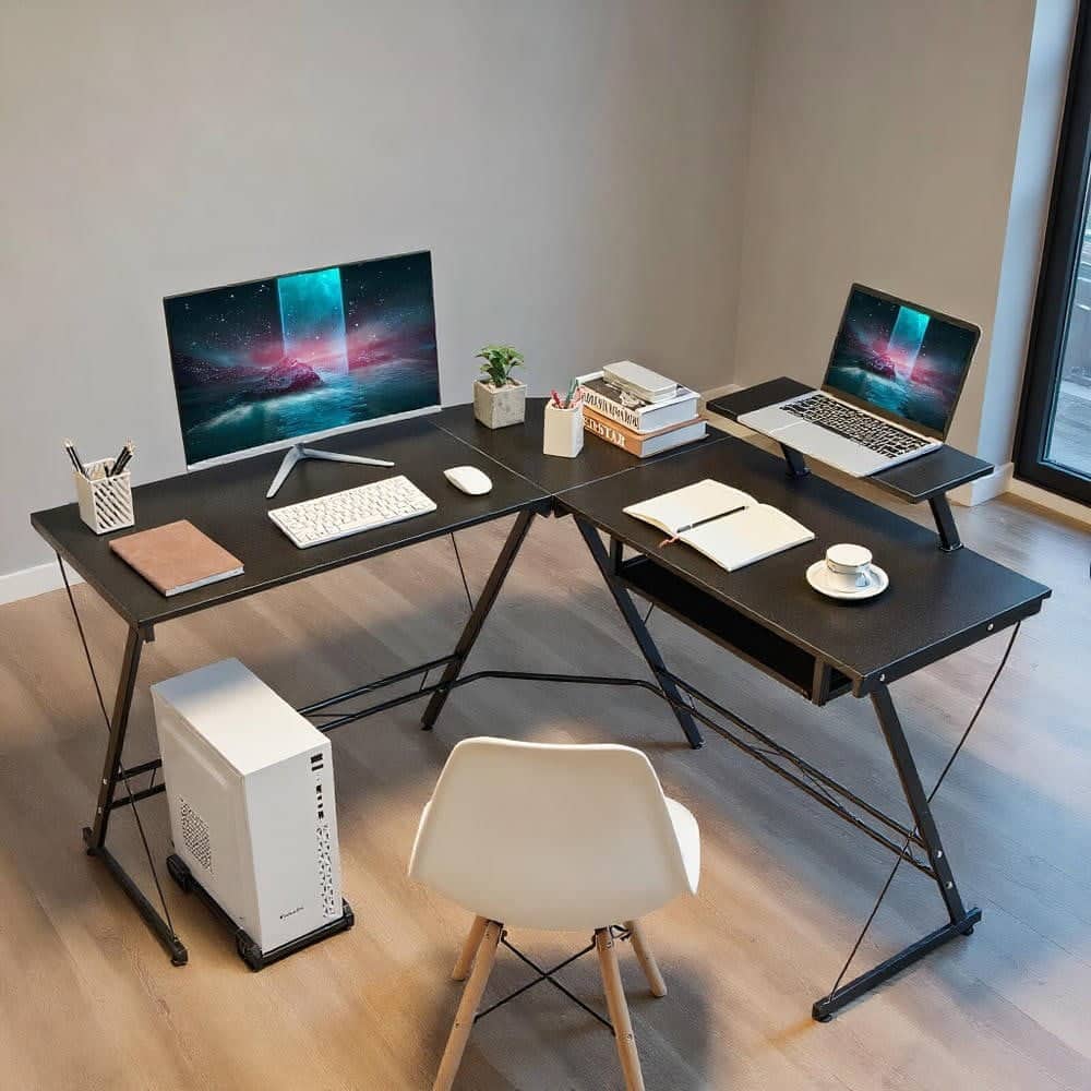 Kadyn - L Shaped Computer Desk Home Office Workstation with Movable Monitor Stand- Home Office Desks, Computer Desks - Black