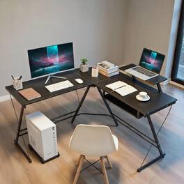 Kadyn - L Shaped Computer Desk Home Office Workstation with Movable Monitor Stand- Home Office Desks, Computer Desks - Black