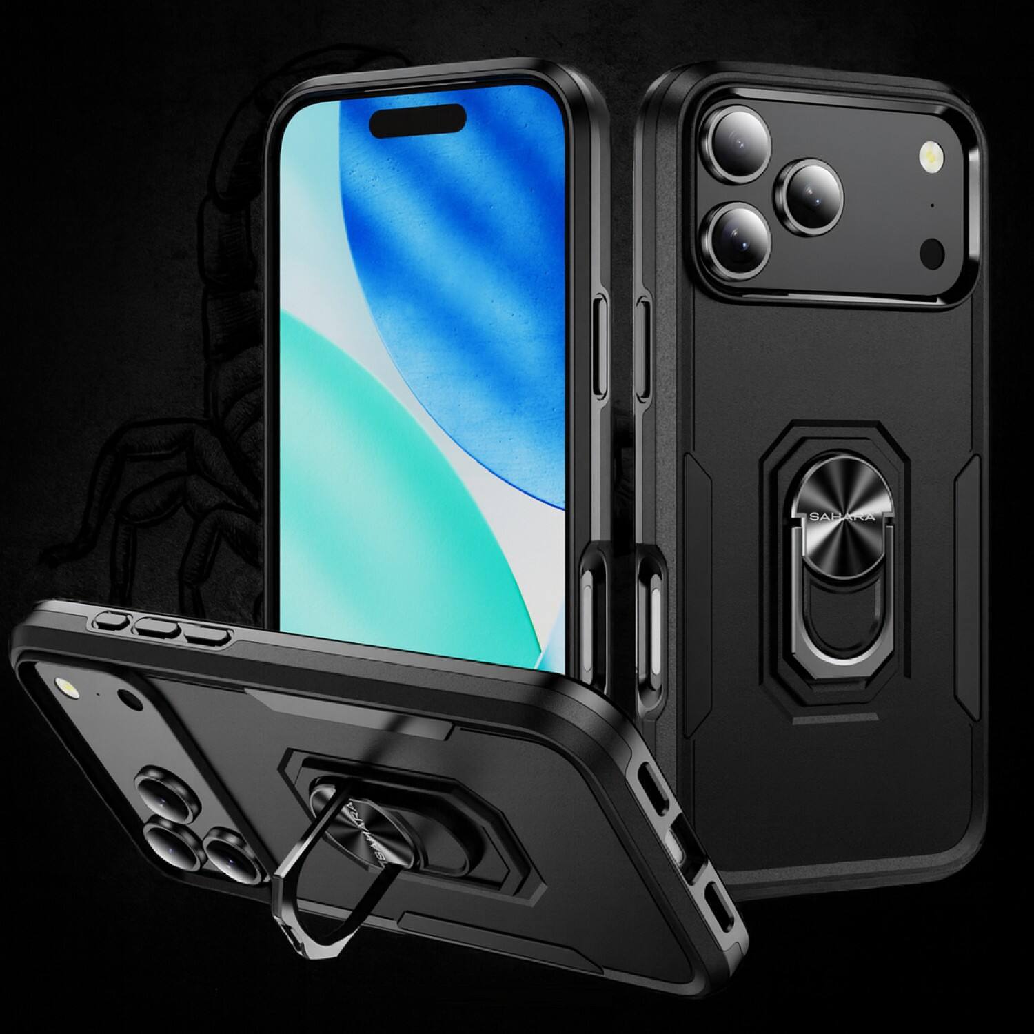 Left. SaharaCase - Apple iPhone 17 Pro Max Kickstand Case | Heavy-Duty Protection | Raider Series - Black.