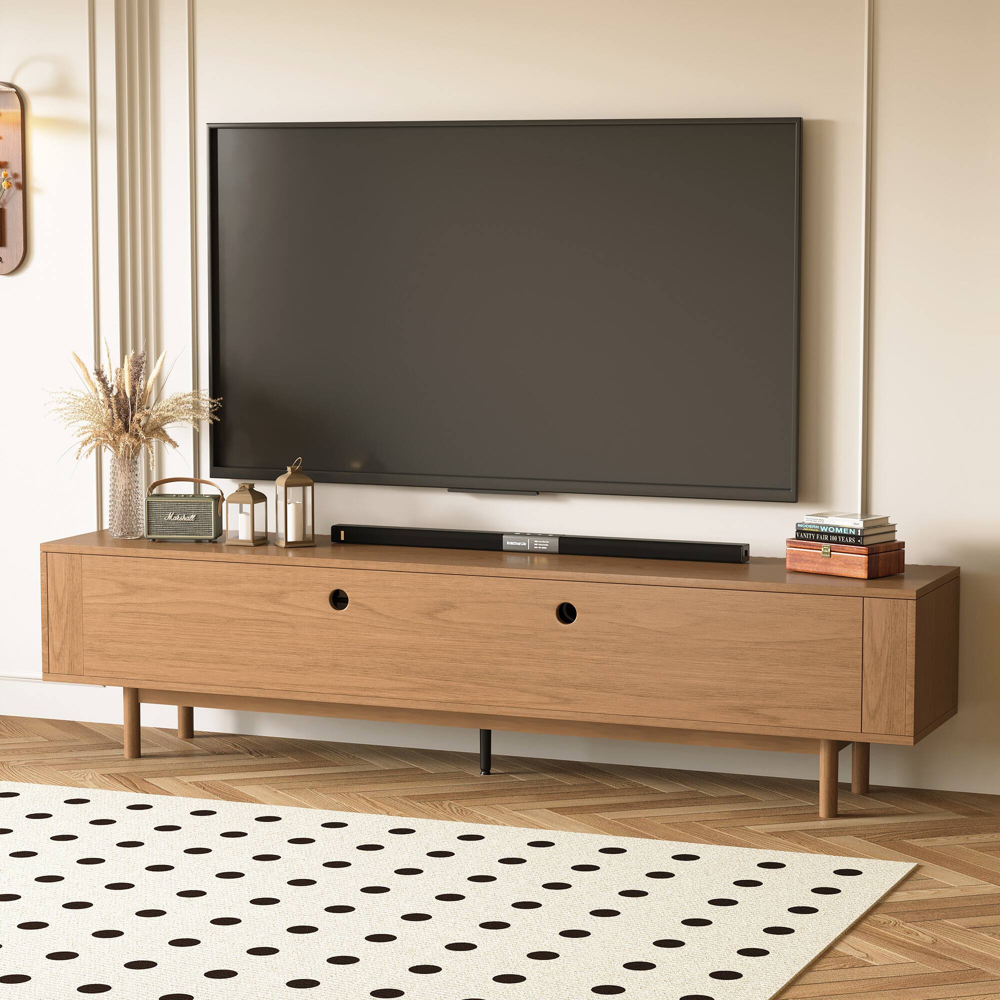 Alt View 2. luck idea - Farmhouse Style 86.61" Fluted Media Console TV Stand with Layered Storage, Removable Shelves & Solid Wood Legs - Walnut Color.