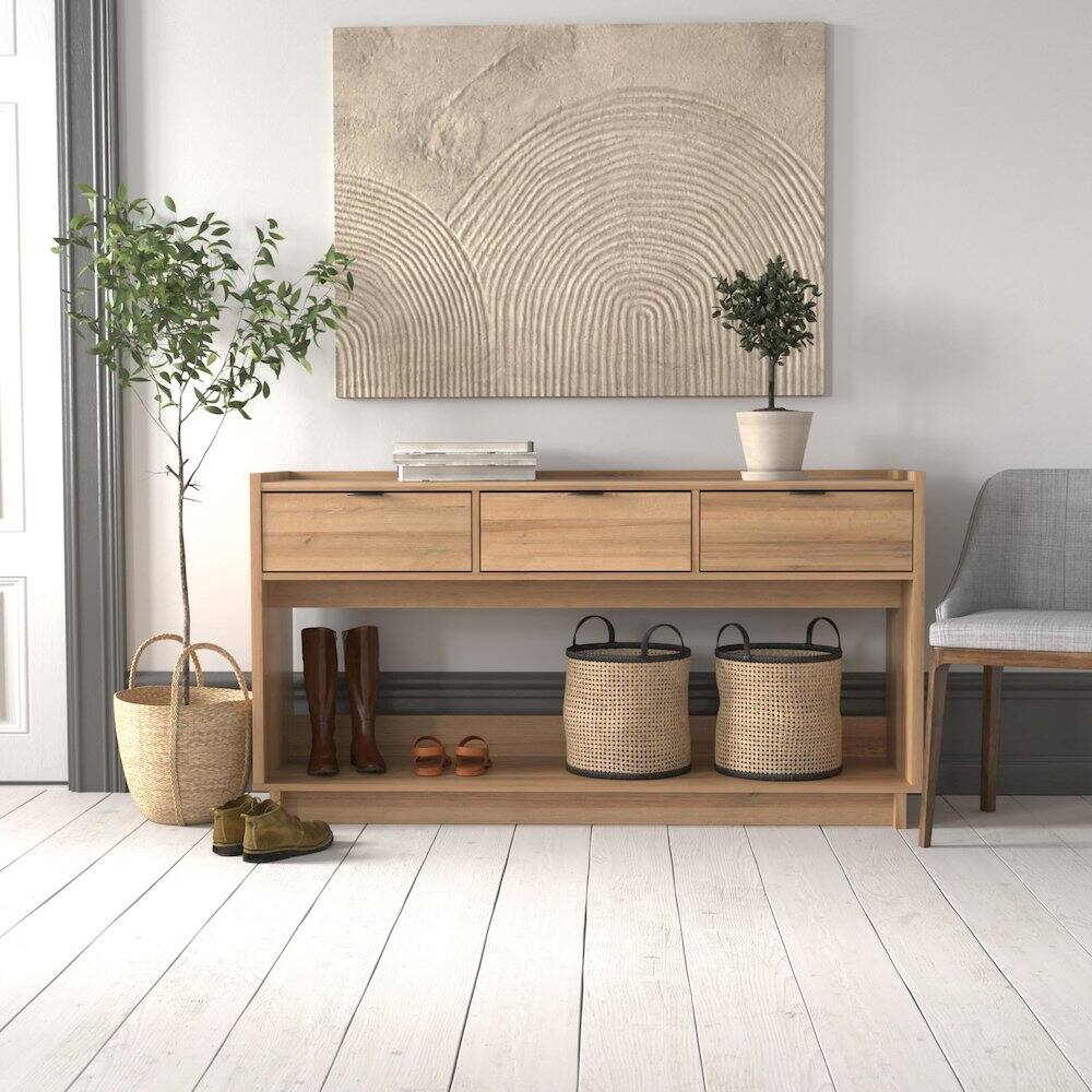Back. Prepac - Simply Modern Entryway Console Natural Oak Engineered Wood with 3 Drawers - Natural.