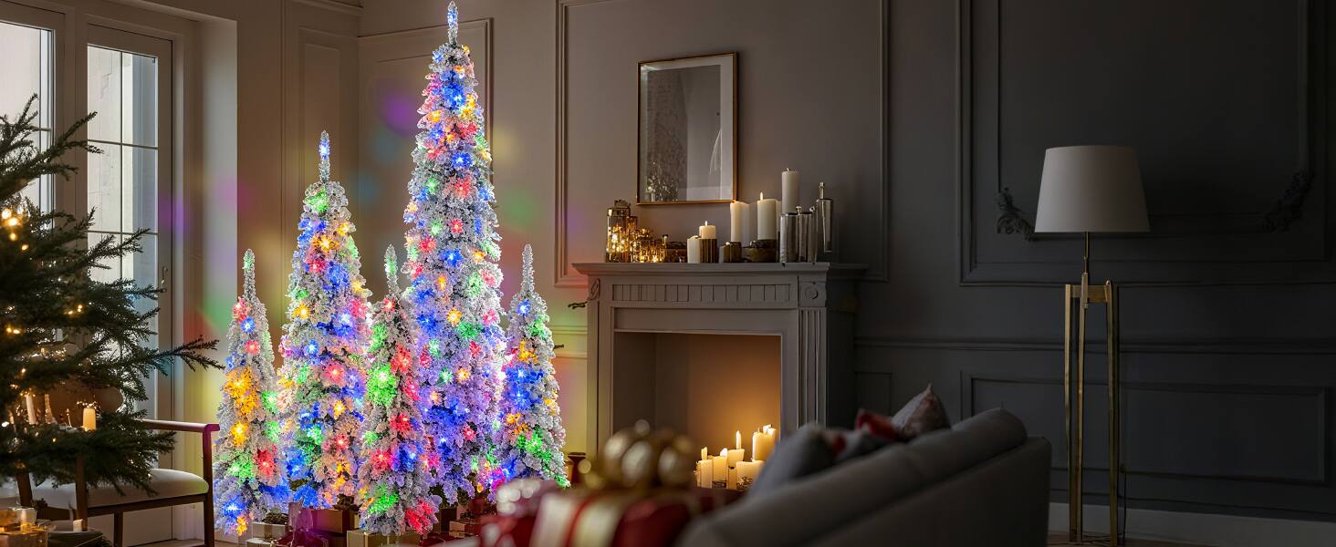 Alt View 6. Tiramisubest - 8FT,6FT,4FTx3 Pre-Lit Christmas Trees,5-Set Artificial Xmas Tree With Snow Flocking,350 LED Lights with 11 Flash Modes - White+Green.