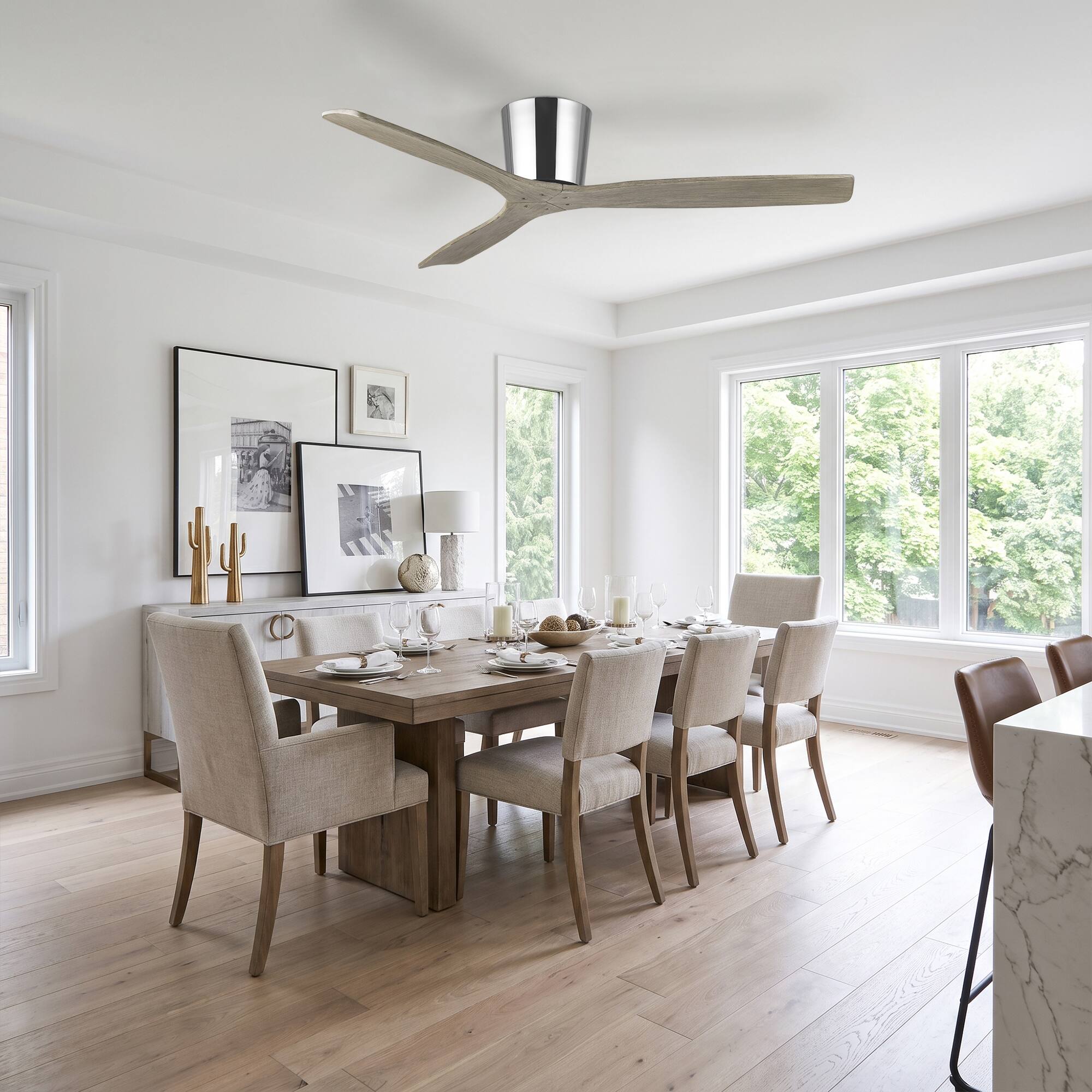 Left. Parrot Uncle - 54" Modern Solid Wood Blades 6 Speed Flush Mount Low Profile Ceiling Fan with Remote, No Light - Chrome.