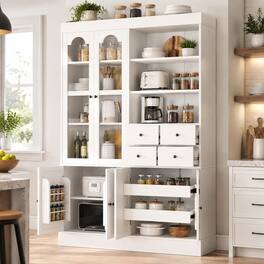 RYHNUYNE - Freestanding Buffet with Hutch, Tall Kitchen Pantry Cabinet with 4 Drawers and Pull-Out Trays - White