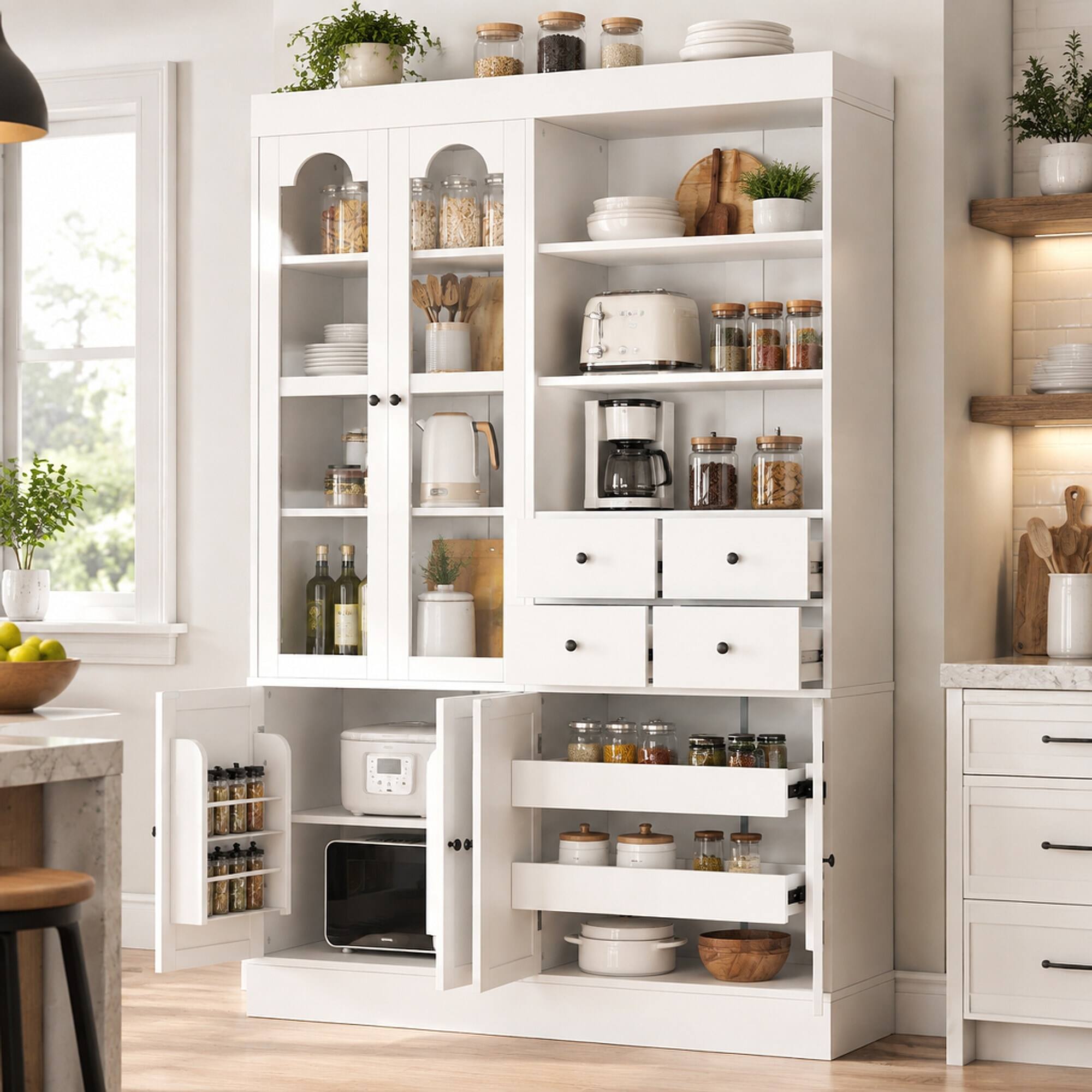 Front. RYHNUYNE - Freestanding Buffet with Hutch, Tall Kitchen Pantry Cabinet with 4 Drawers and Pull-Out Trays, White - White.