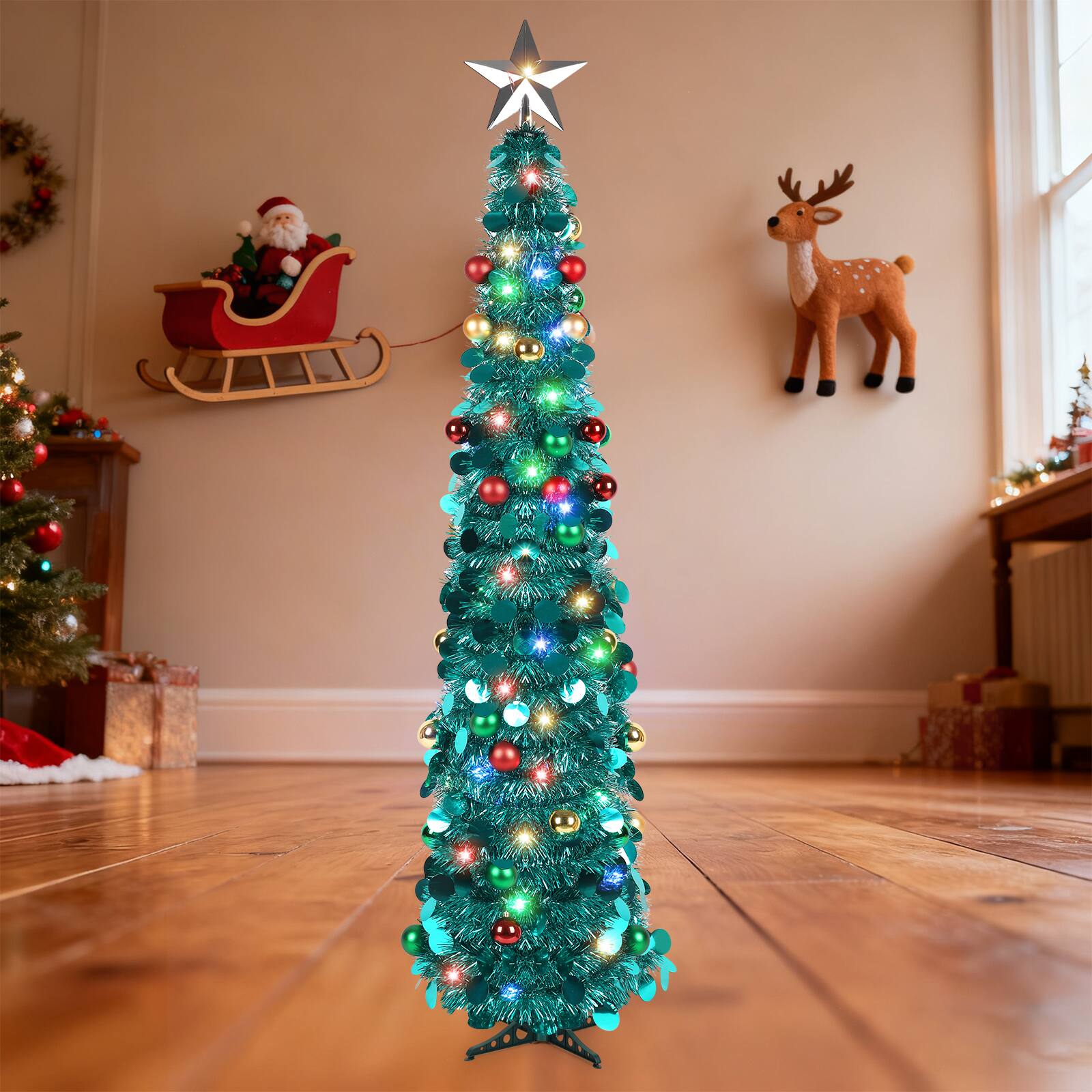 Front. Oumilen - 5FT Pop‑Up Tinsel Christmas Tree – Pre‑Lit 4‑Color LED Pencil Tree with Star Topper & Ornament Balls - Green.