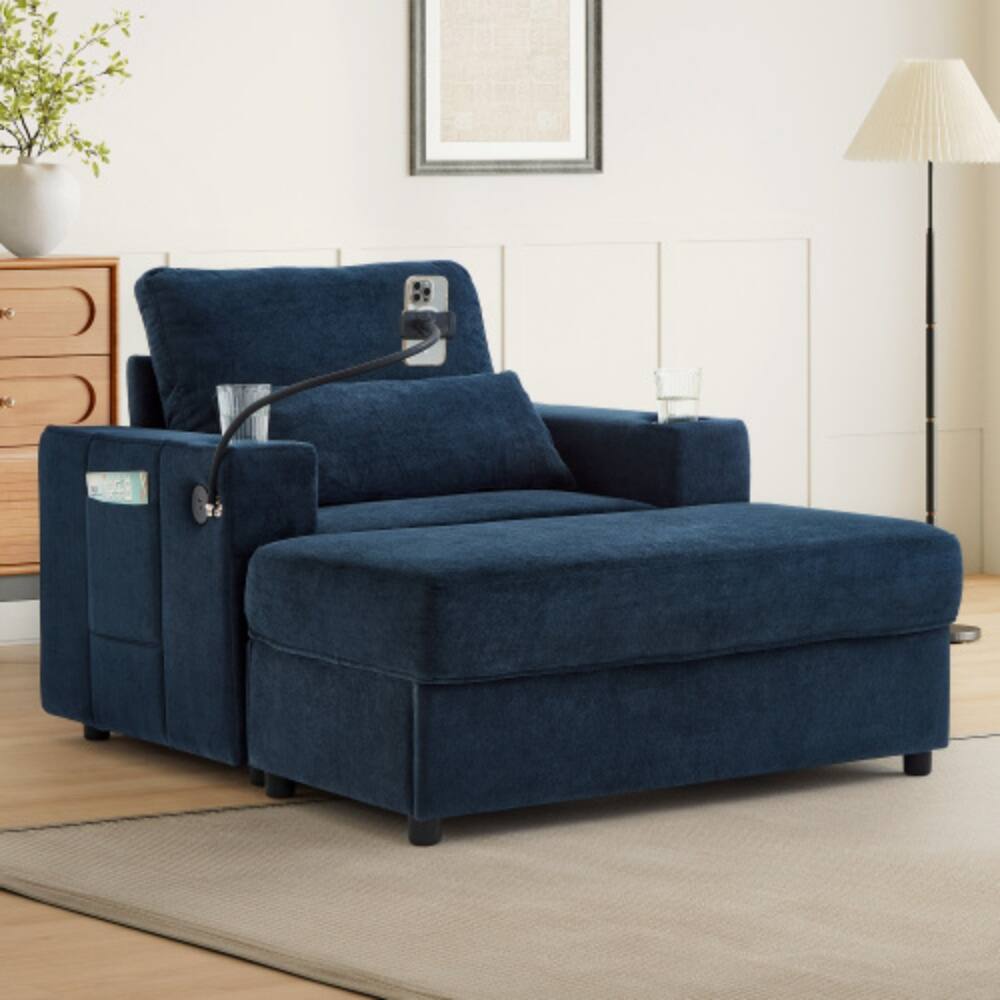 Angle. LUCKY ONE - 42.5" Modern Chaise Lounge Armchair Sofa w/ Storage Ottoman USB Cup Holders Phone Holder - Blue.