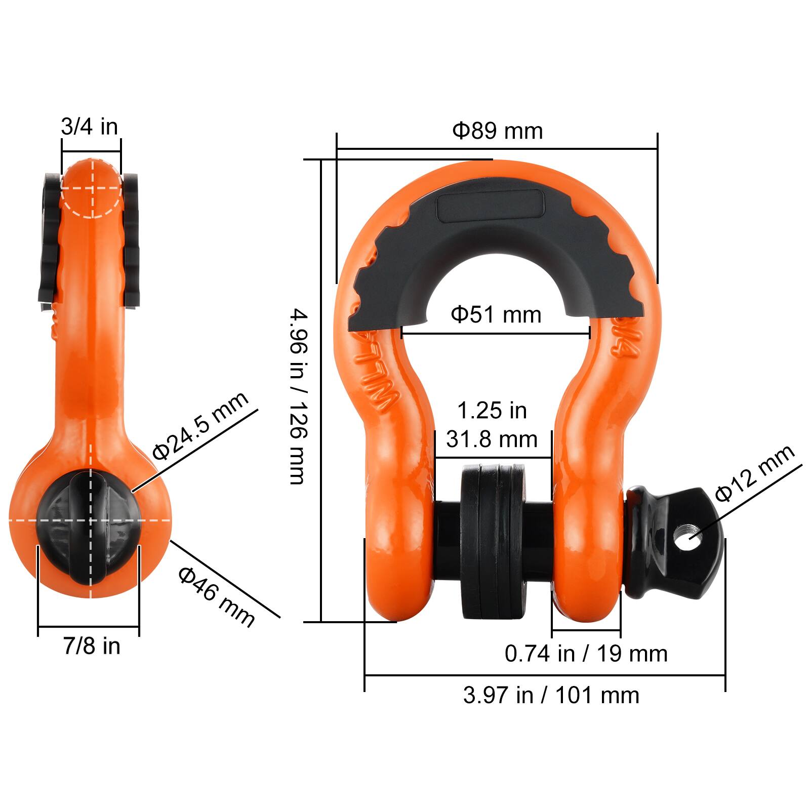 3/4 in  
7/8 in  
4.96 in / 126 mm  
Φ46 mm  
Φ24.5 mm  

Φ89 mm  
Φ51 mm  
1.25 in / 31.8 mm  
0.74 in / 19 mm  
3.97 in / 101 mm  
Φ12 mm