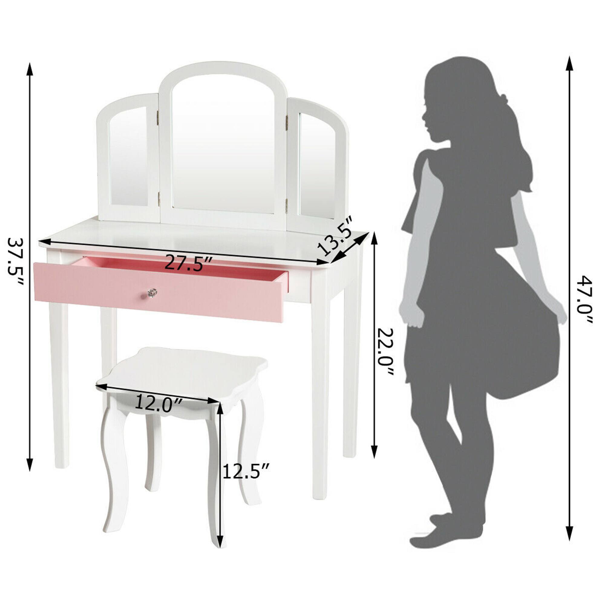37.5" (height of the desk)  
27.5" (width of the desk)  
13.5" (height of the desk's top)  
22.0" (depth of the desk)  
12.0" (width of the stool)  
12.5" (depth of the stool)  
47.0" (height of the silhouette)