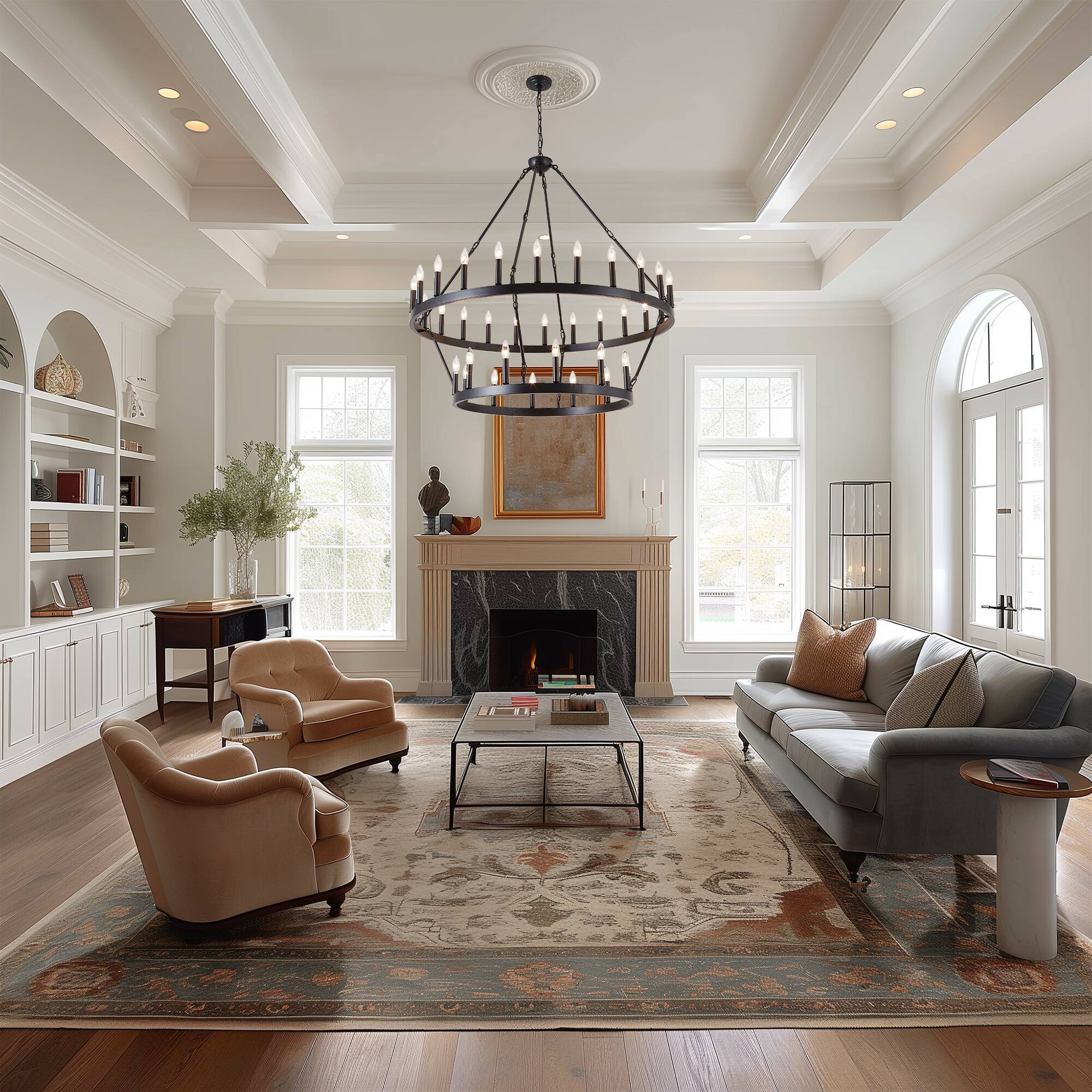 Left. RYHNUYNE - 36 Light Black Wagon Wheel Chandelier 48 Inch 2 Tier Large Round Farmhouse Pendant Light Fixture for Foyer Entryway - Black.