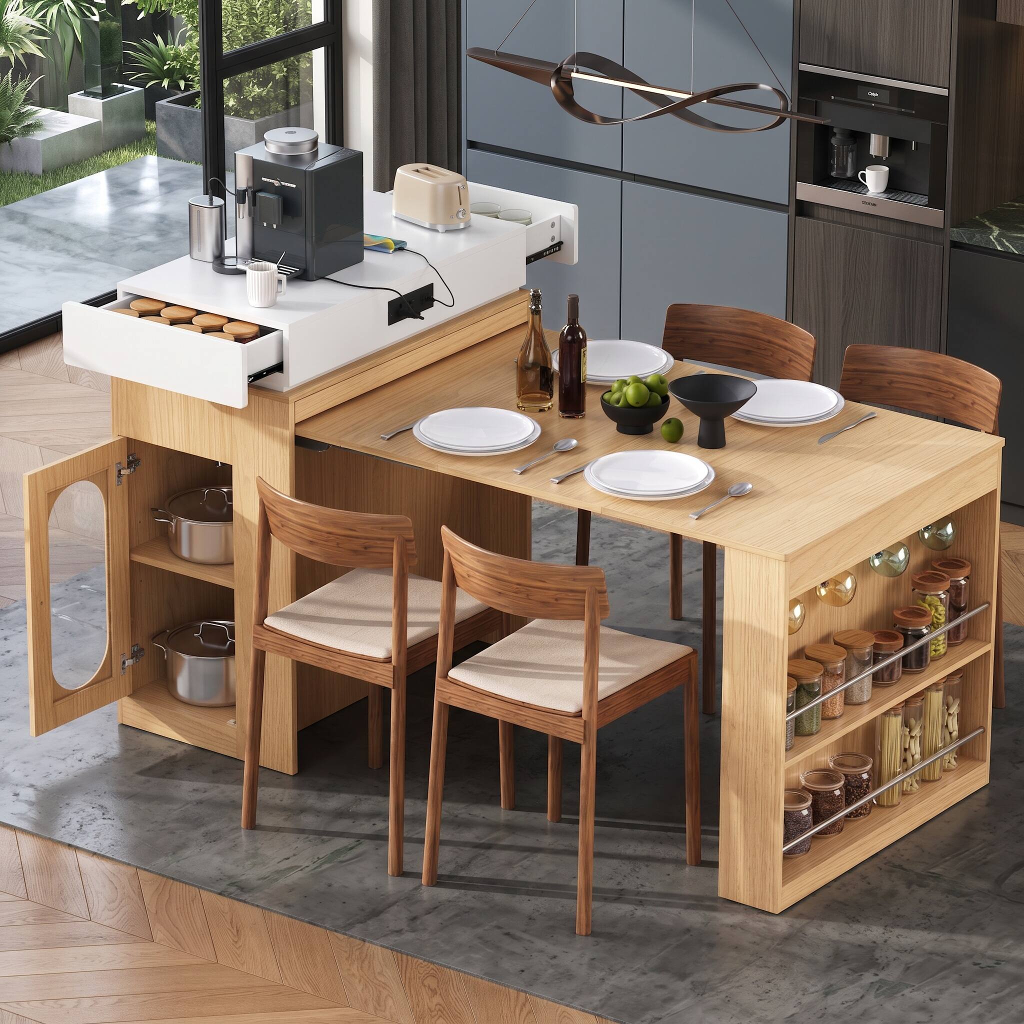 Alt View 9. Forest'nSky - White Sideboard Buffet Cabinet Extendable Dining Table with Folding Tabletop,Drawers and Power Outlet - White.