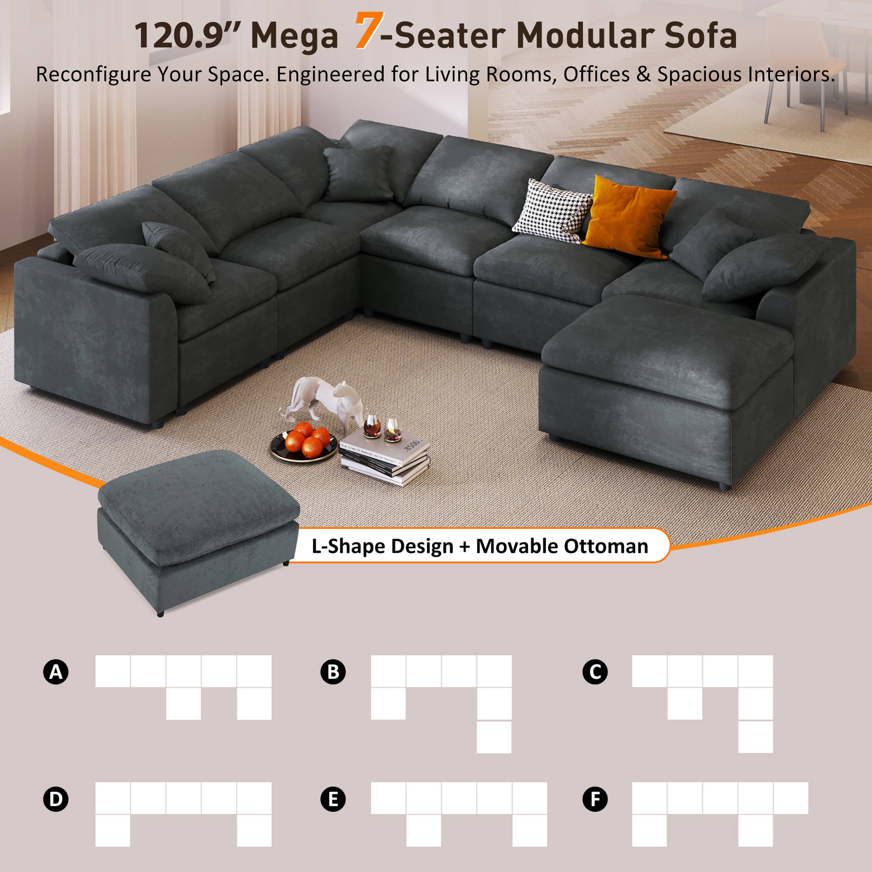 120.9" Mega 7-Seater Modular Sofa  
Reconfigure Your Space. Engineered for Living Rooms, Offices & Spacious Interiors.  
L-Shape Design + Movable Ottoman  

A  
B  
C  
D  
E  
F